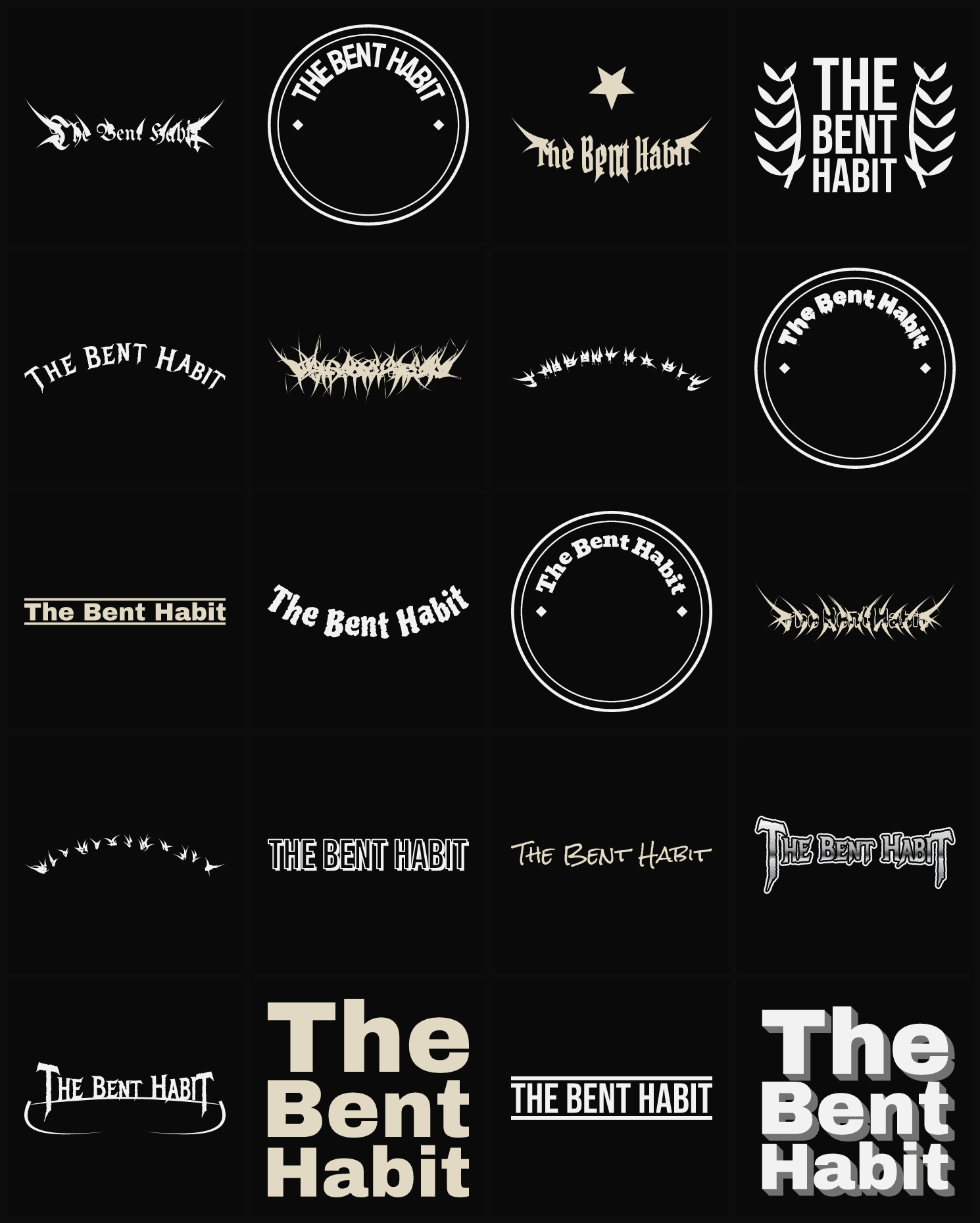Twenty The Bent Habit band logo ideas — different faces, treatments and spike settings
