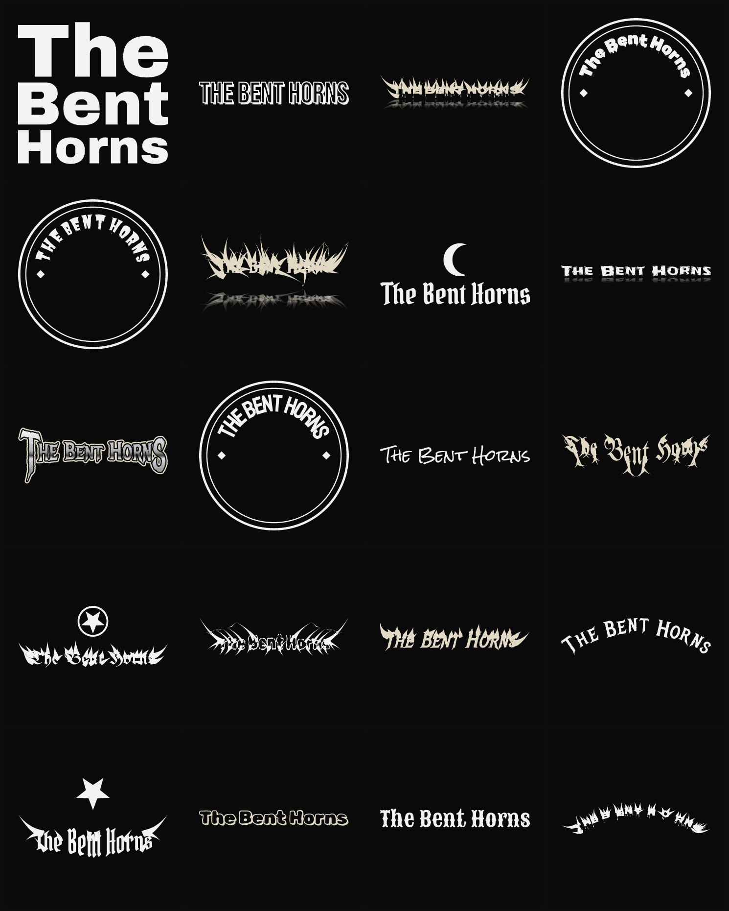 Twenty The Bent Horns band logo ideas — different faces, treatments and spike settings