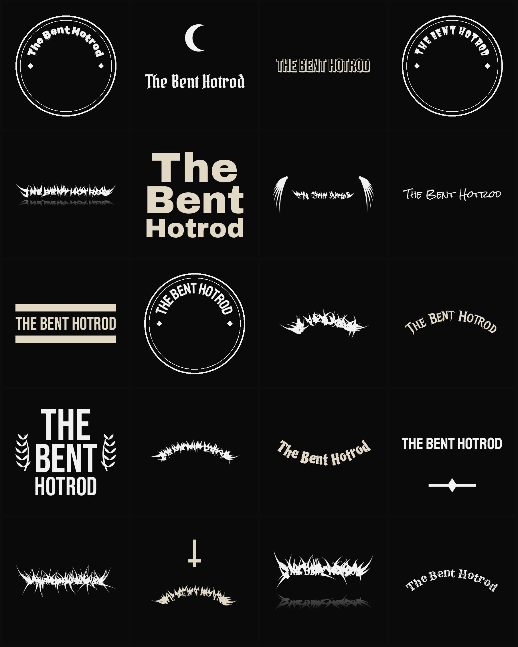 Twenty The Bent Hotrod band logo ideas — different faces, treatments and spike settings