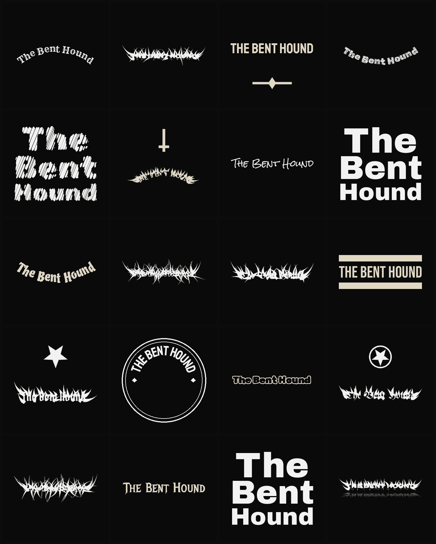 Twenty The Bent Hound band logo ideas — different faces, treatments and spike settings