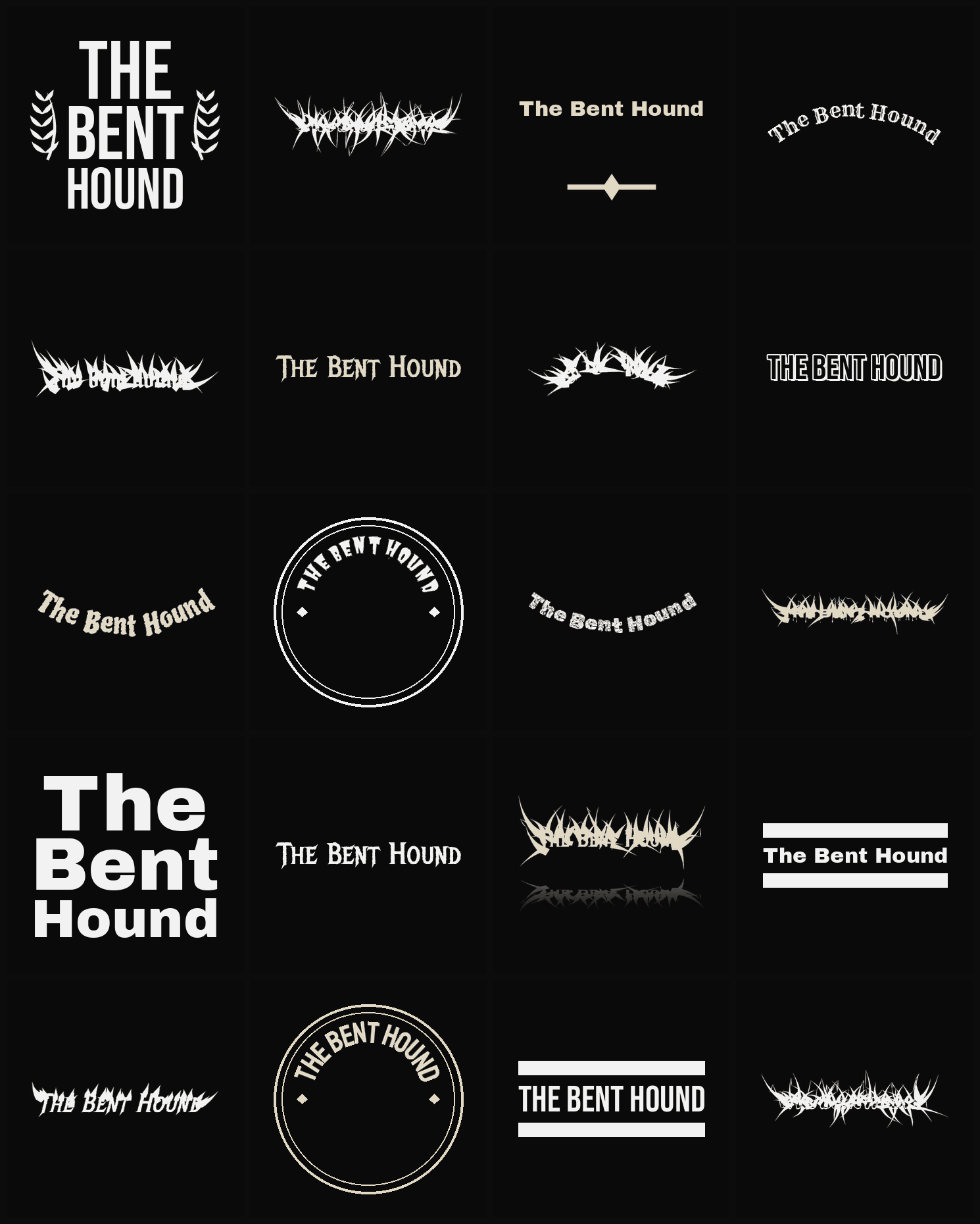 Twenty The Bent Hound band logo ideas — different faces, treatments and spike settings