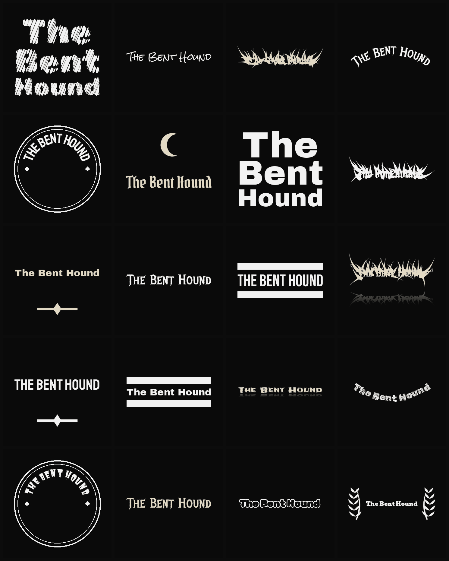 Twenty The Bent Hound band logo ideas — different faces, treatments and spike settings