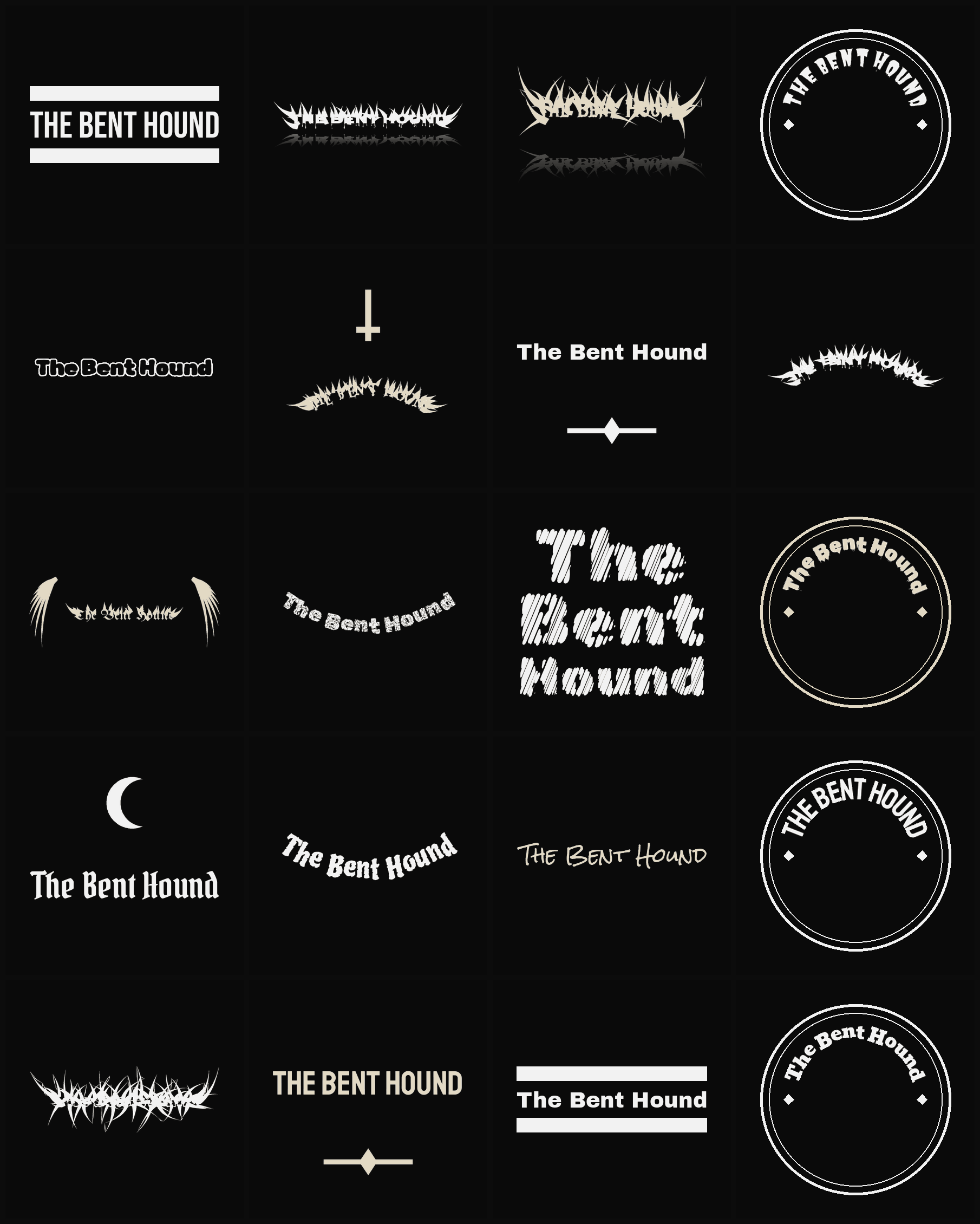Twenty The Bent Hound band logo ideas — different faces, treatments and spike settings