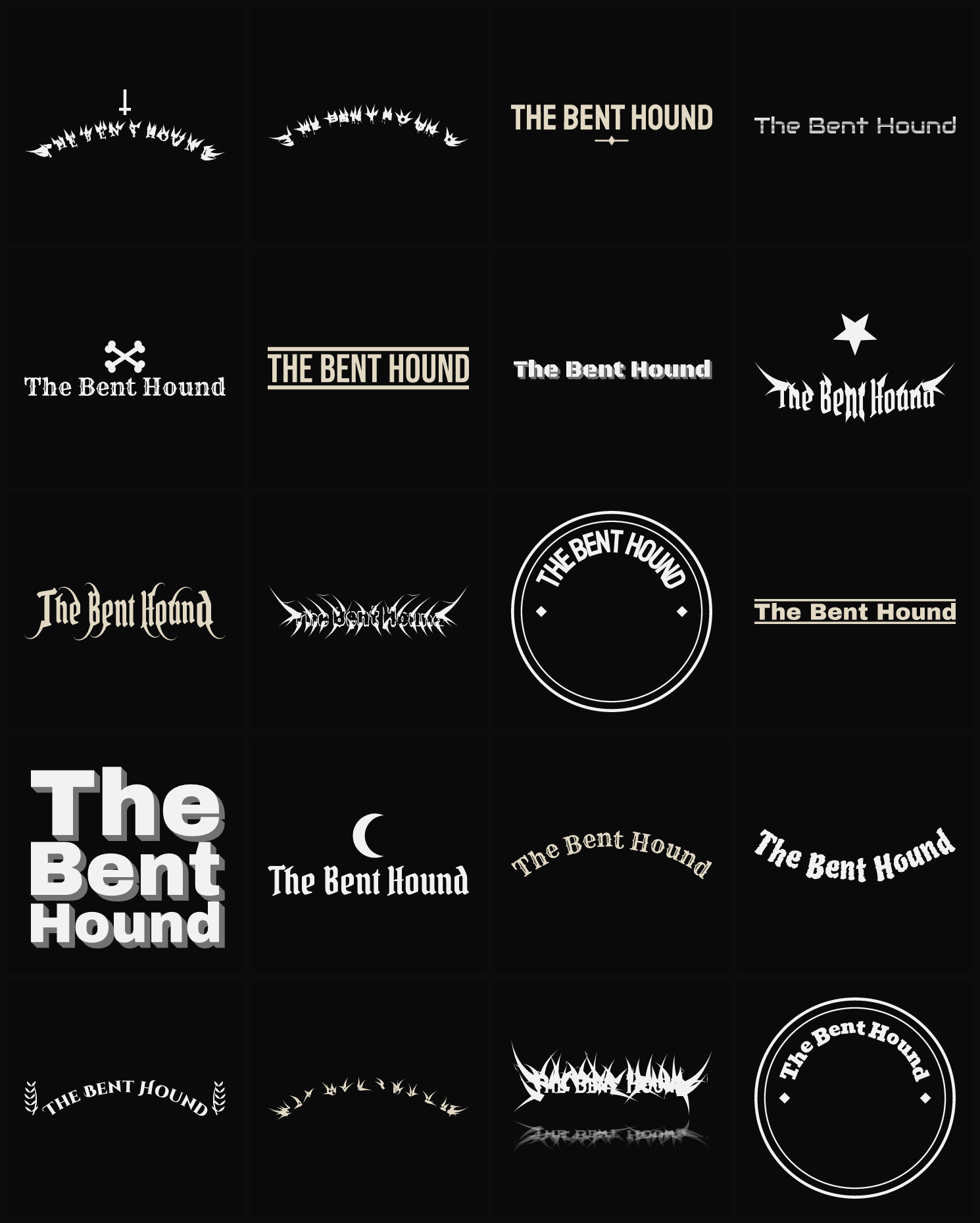 Twenty The Bent Hound band logo ideas — different faces, treatments and spike settings