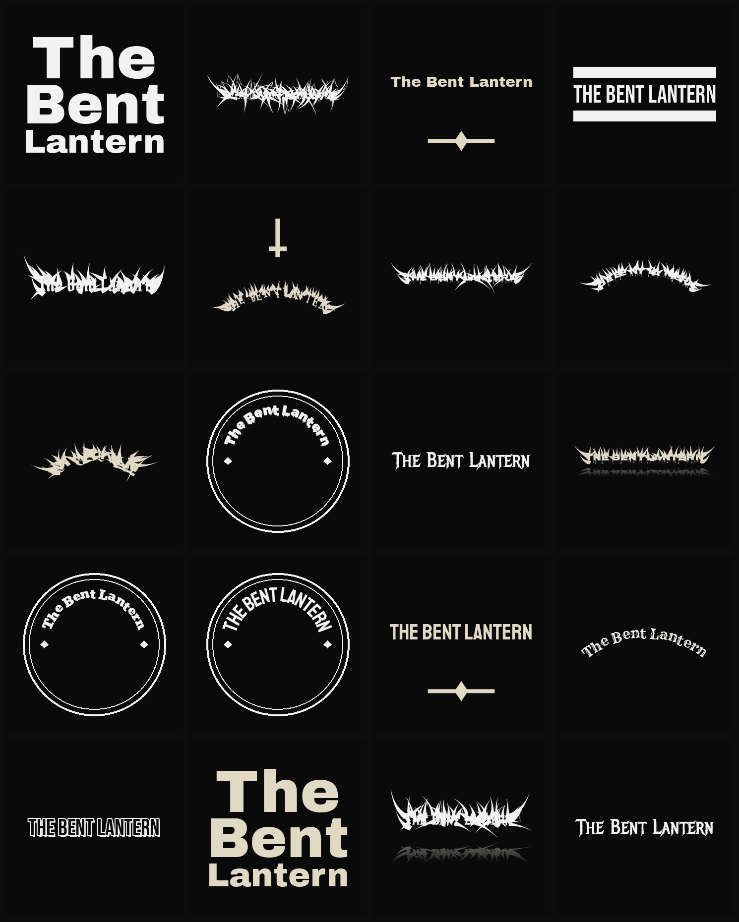 Twenty The Bent Lantern band logo ideas — different faces, treatments and spike settings