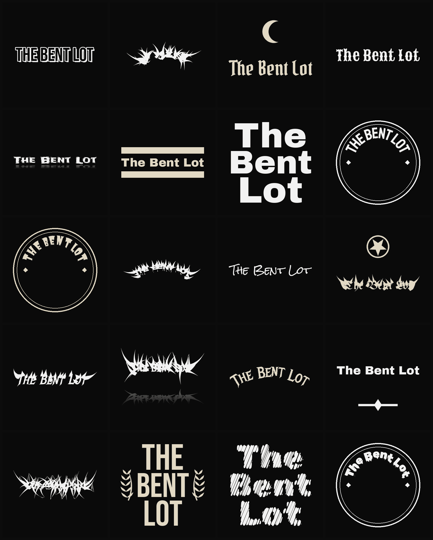 Twenty The Bent Lot band logo ideas — different faces, treatments and spike settings