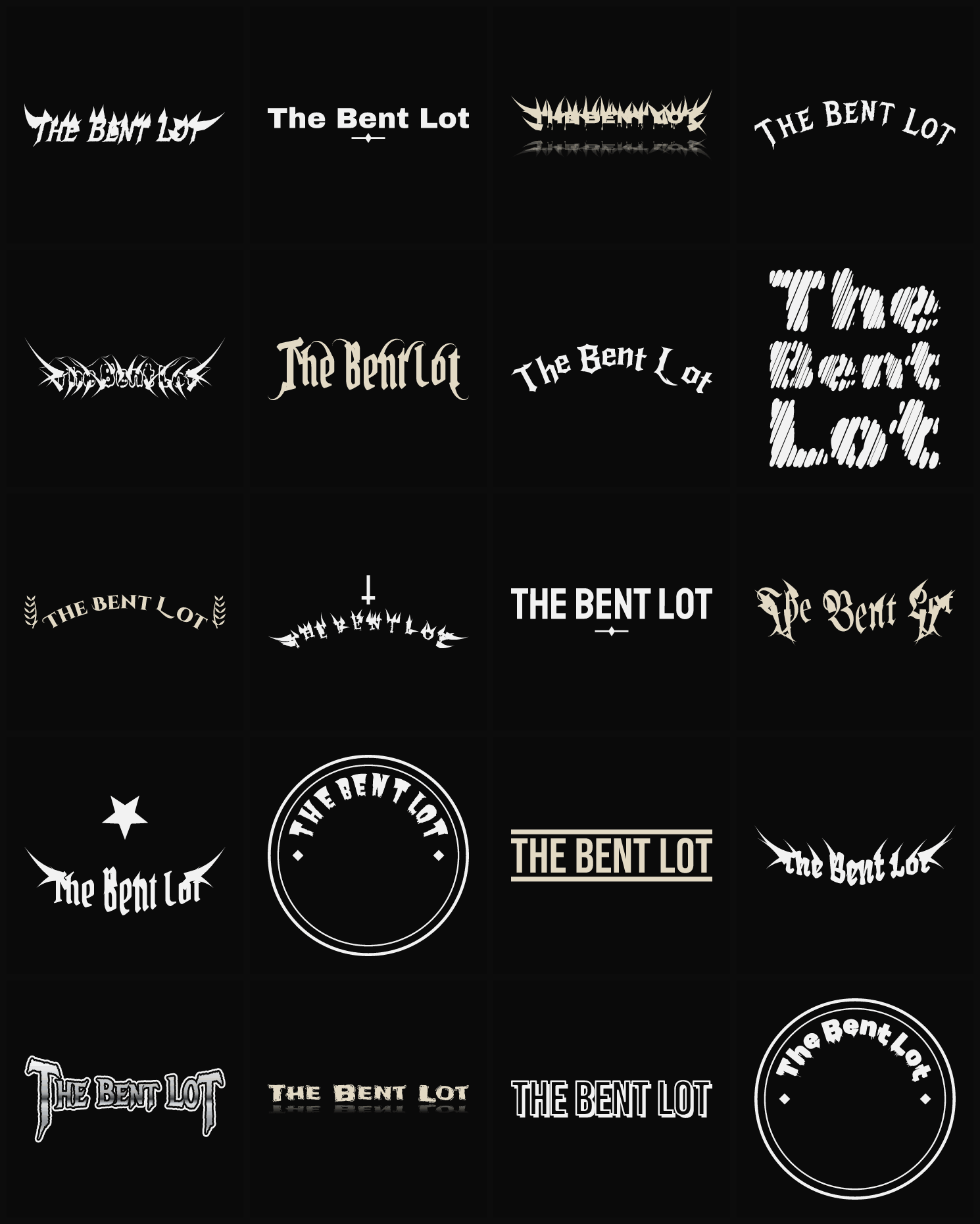 Twenty The Bent Lot band logo ideas — different faces, treatments and spike settings