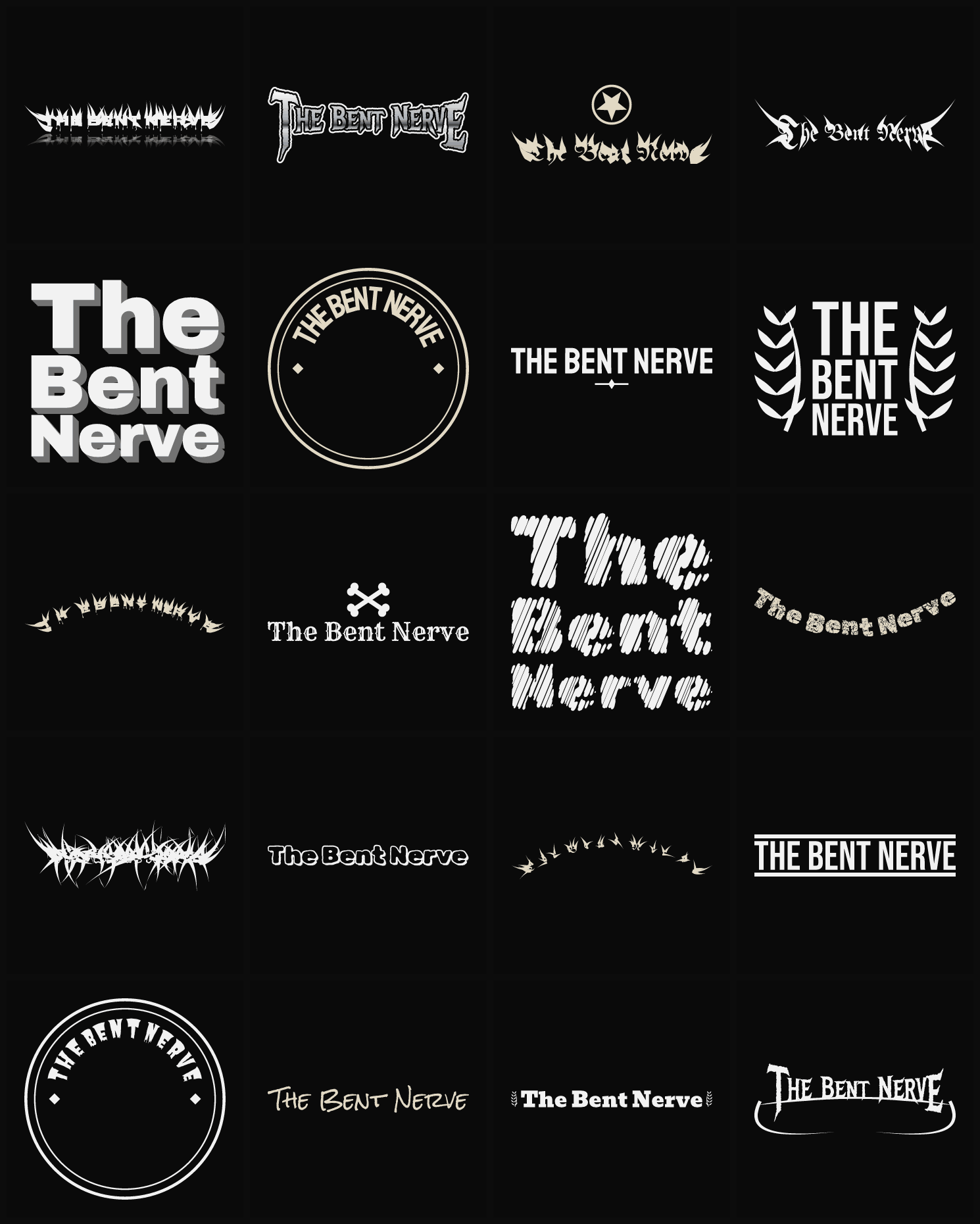 Twenty The Bent Nerve band logo ideas — different faces, treatments and spike settings