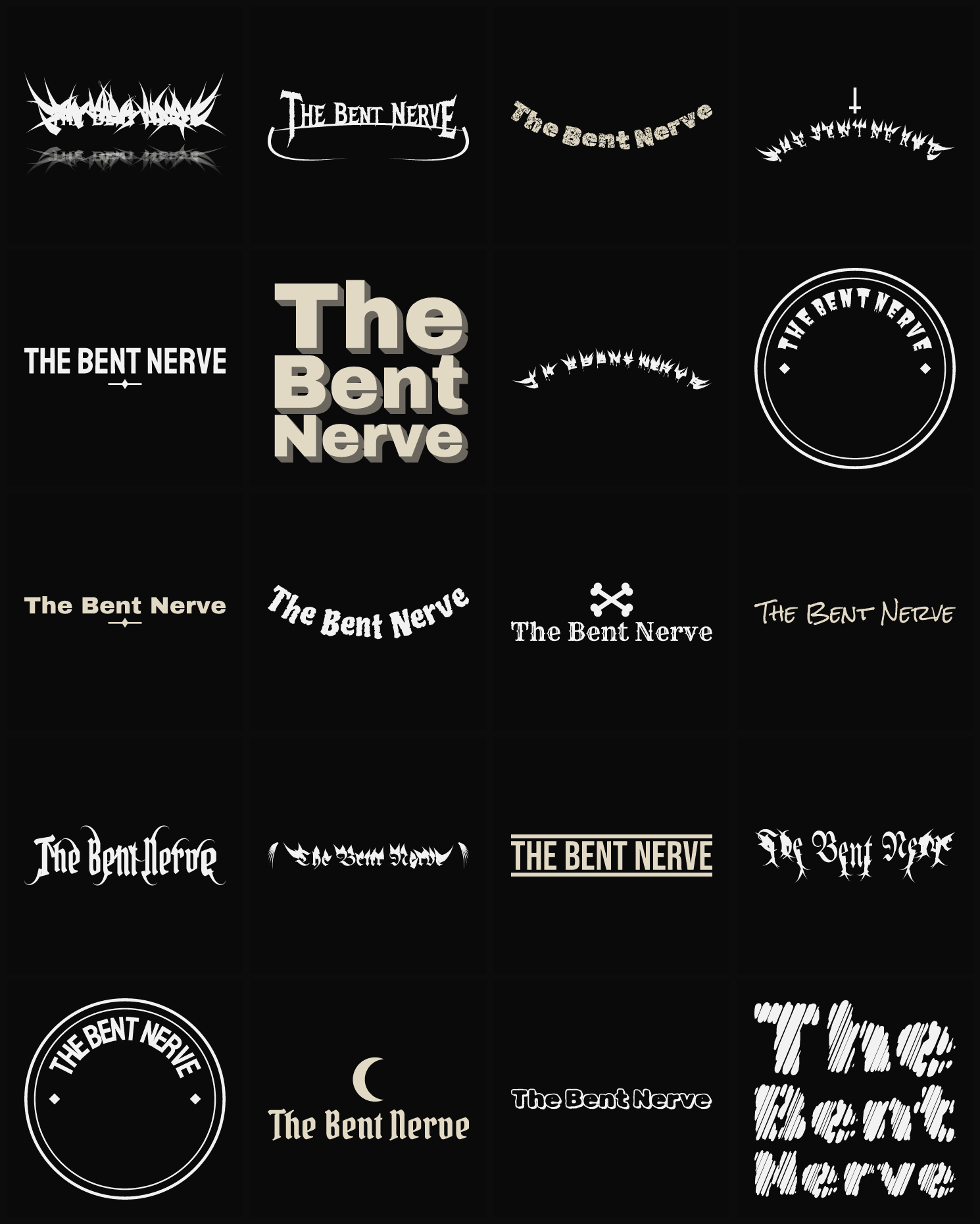 Twenty The Bent Nerve band logo ideas — different faces, treatments and spike settings