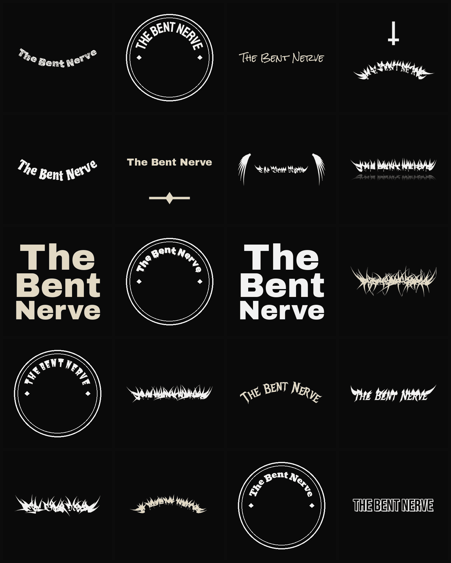 Twenty The Bent Nerve band logo ideas — different faces, treatments and spike settings