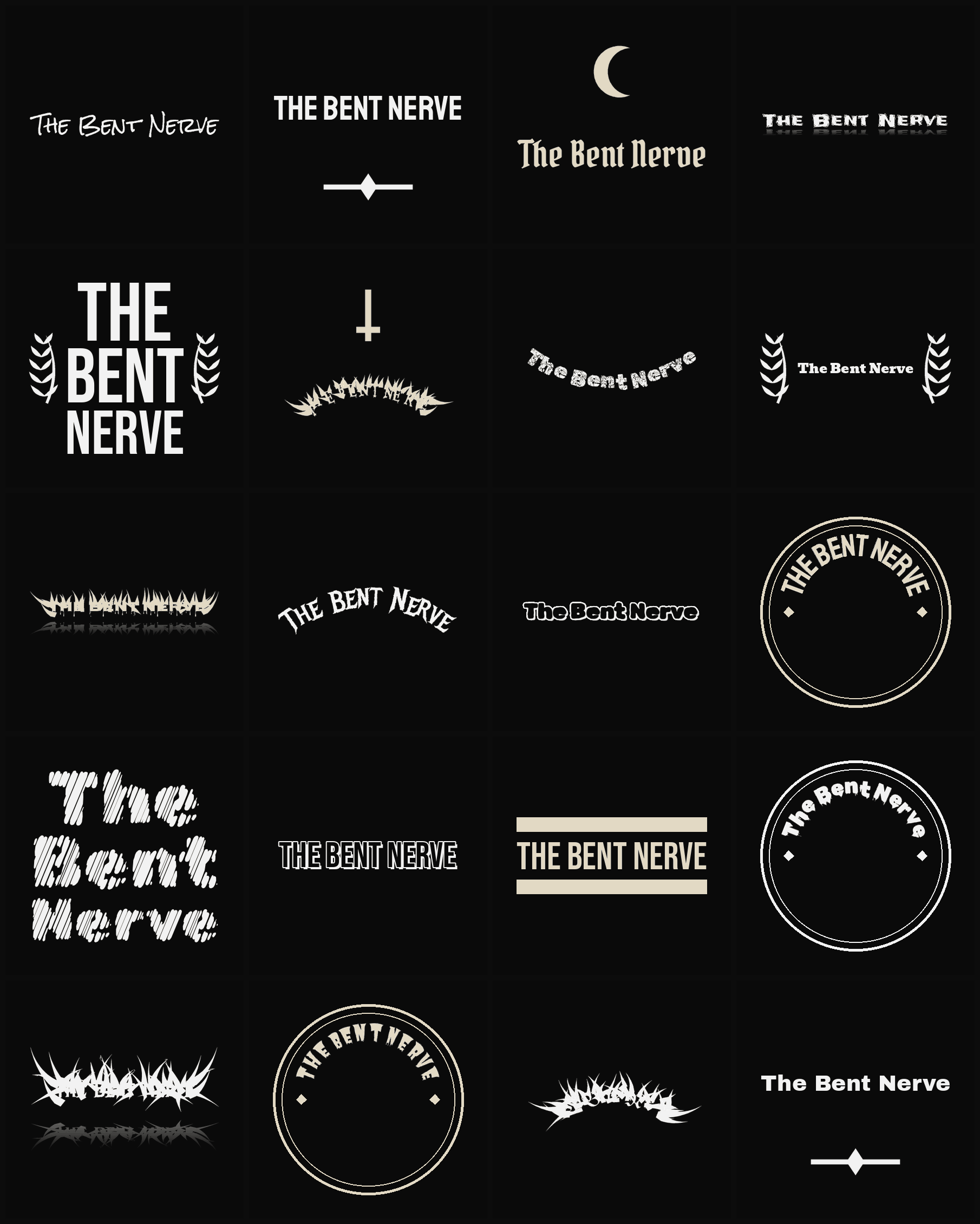 Twenty The Bent Nerve band logo ideas — different faces, treatments and spike settings