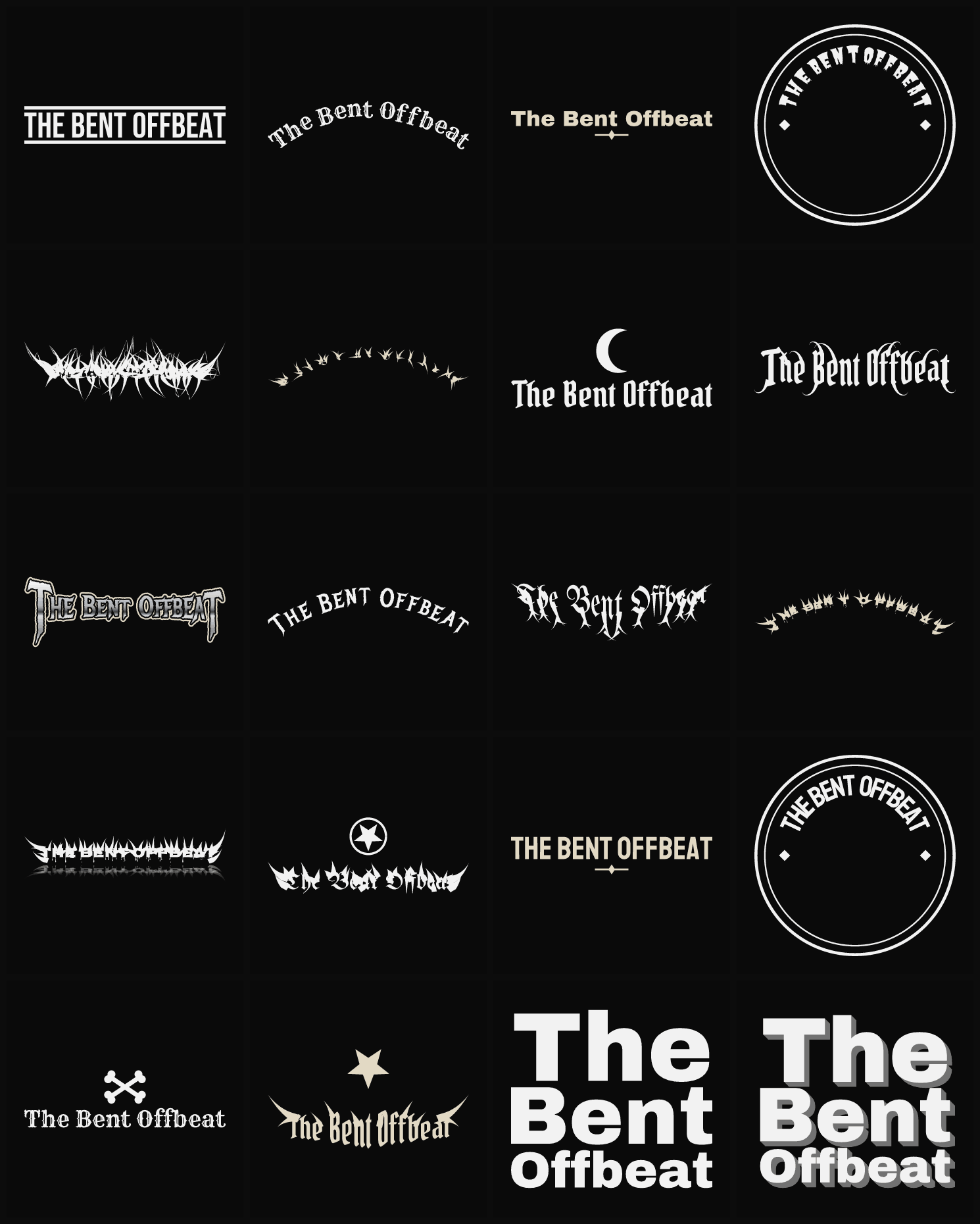 Twenty The Bent Offbeat band logo ideas — different faces, treatments and spike settings