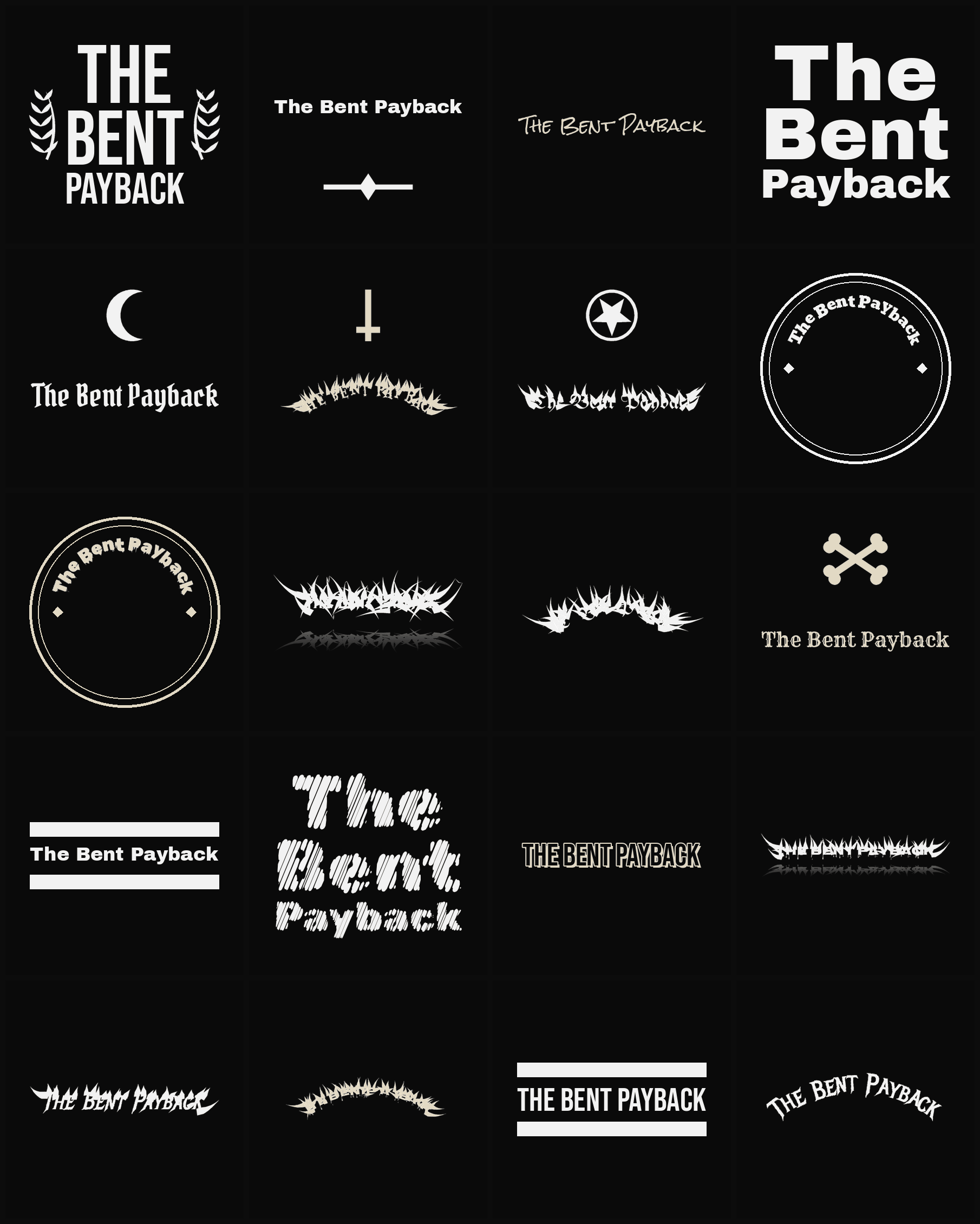 Twenty The Bent Payback band logo ideas — different faces, treatments and spike settings