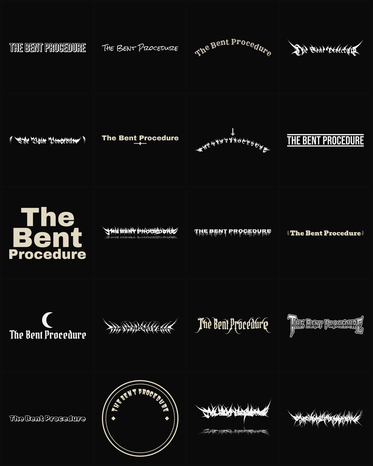 Twenty The Bent Procedure band logo ideas — different faces, treatments and spike settings