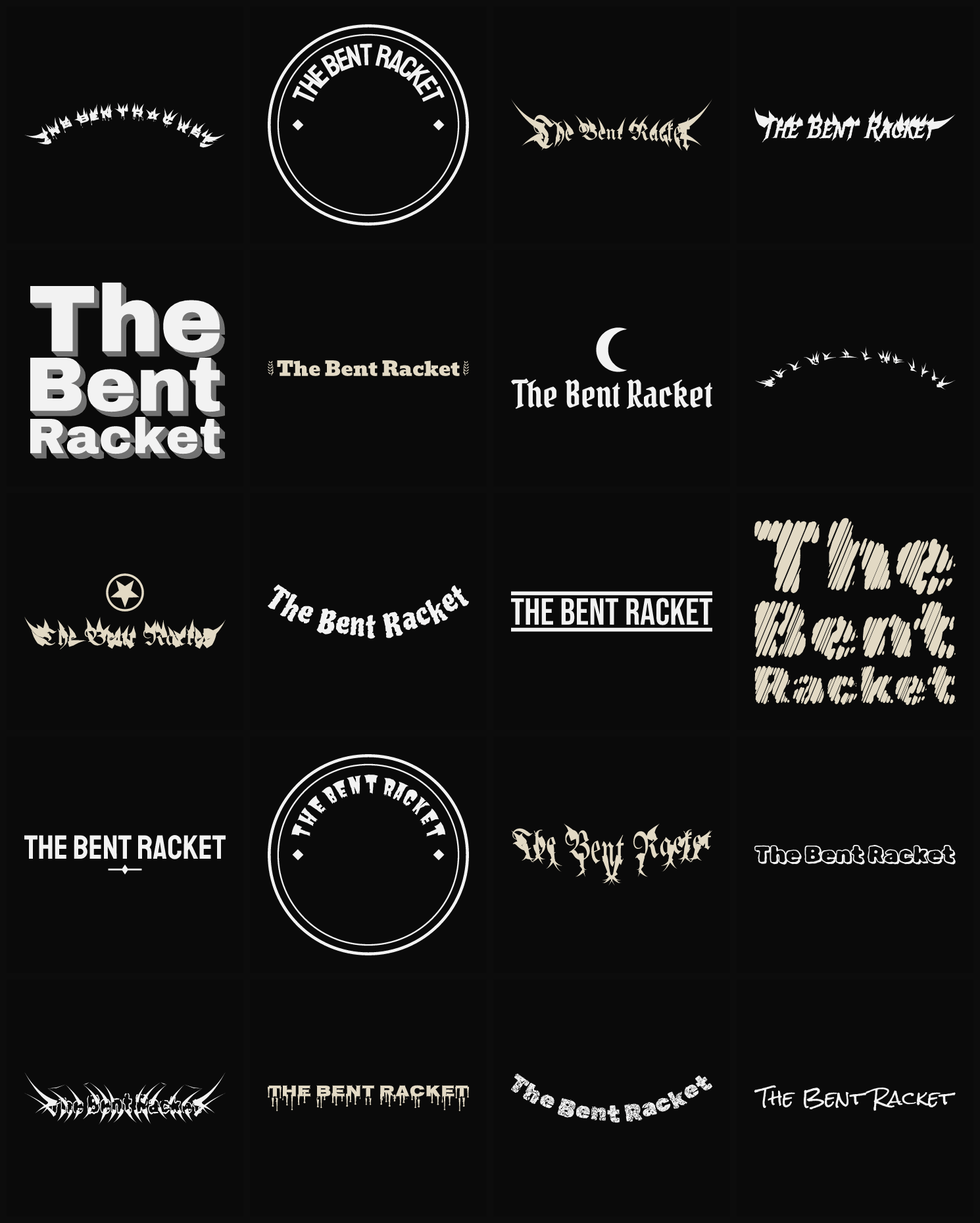 Twenty The Bent Racket band logo ideas — different faces, treatments and spike settings