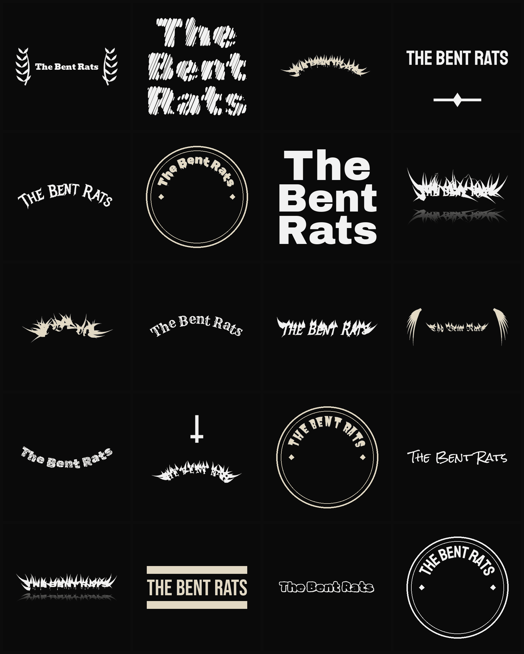 Twenty The Bent Rats band logo ideas — different faces, treatments and spike settings
