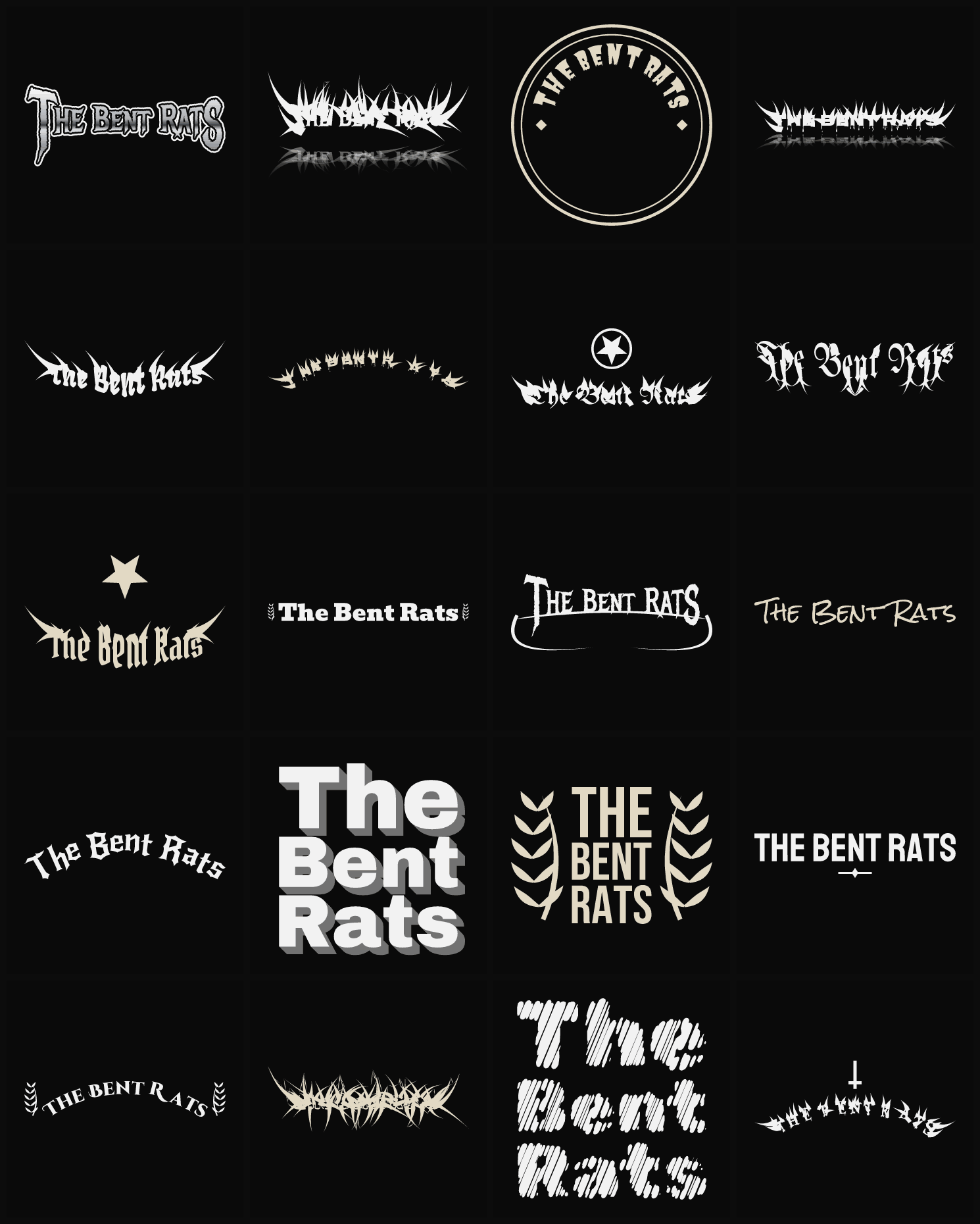 Twenty The Bent Rats band logo ideas — different faces, treatments and spike settings