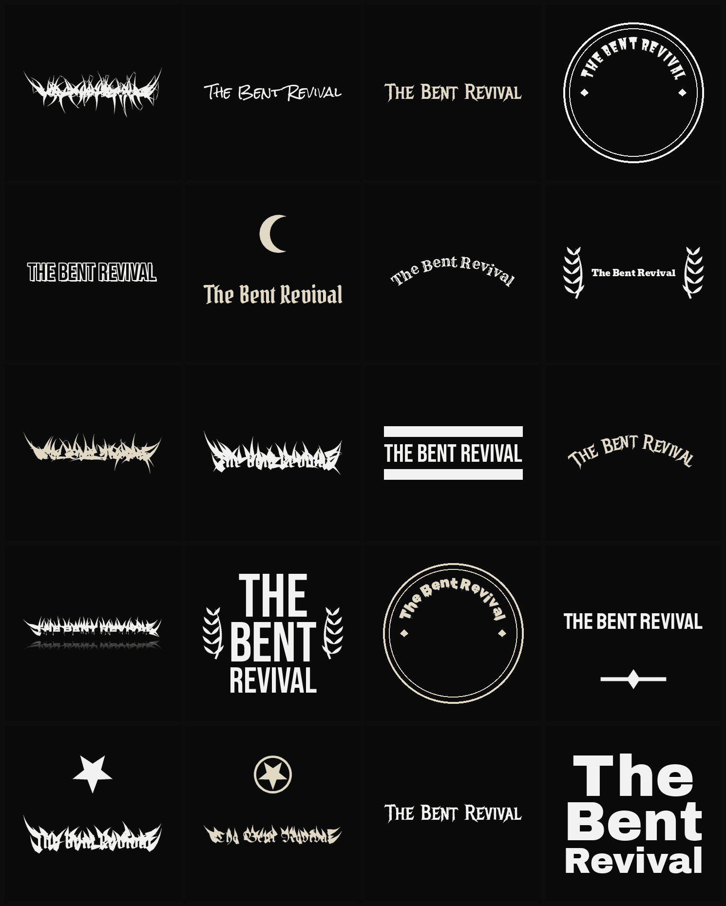 Twenty The Bent Revival band logo ideas — different faces, treatments and spike settings