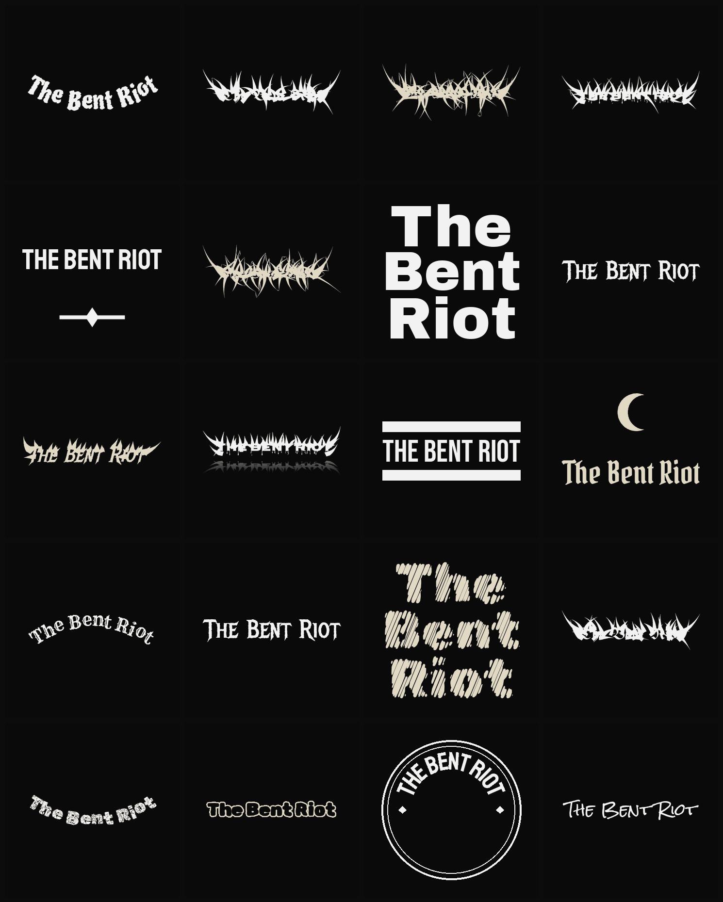Twenty The Bent Riot band logo ideas — different faces, treatments and spike settings