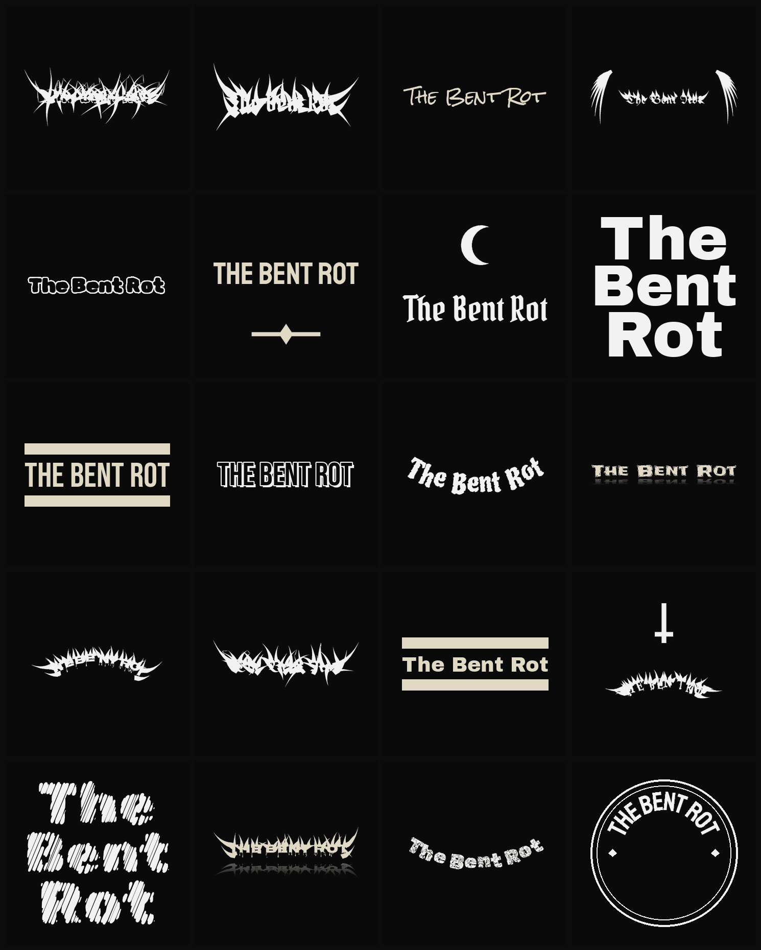 Twenty The Bent Rot band logo ideas — different faces, treatments and spike settings