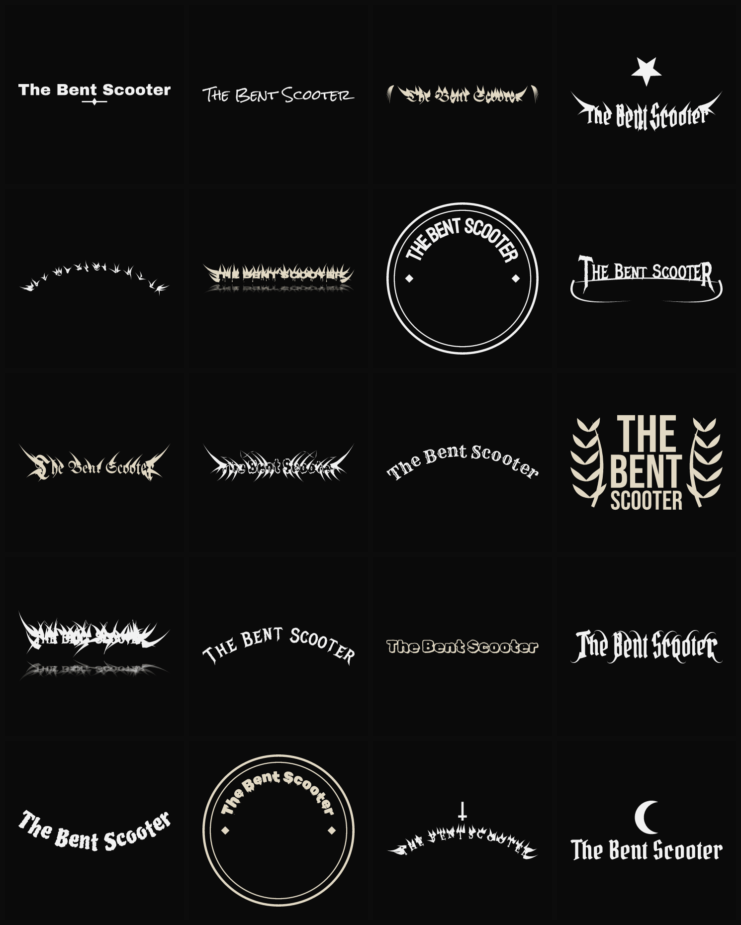 Twenty The Bent Scooter band logo ideas — different faces, treatments and spike settings