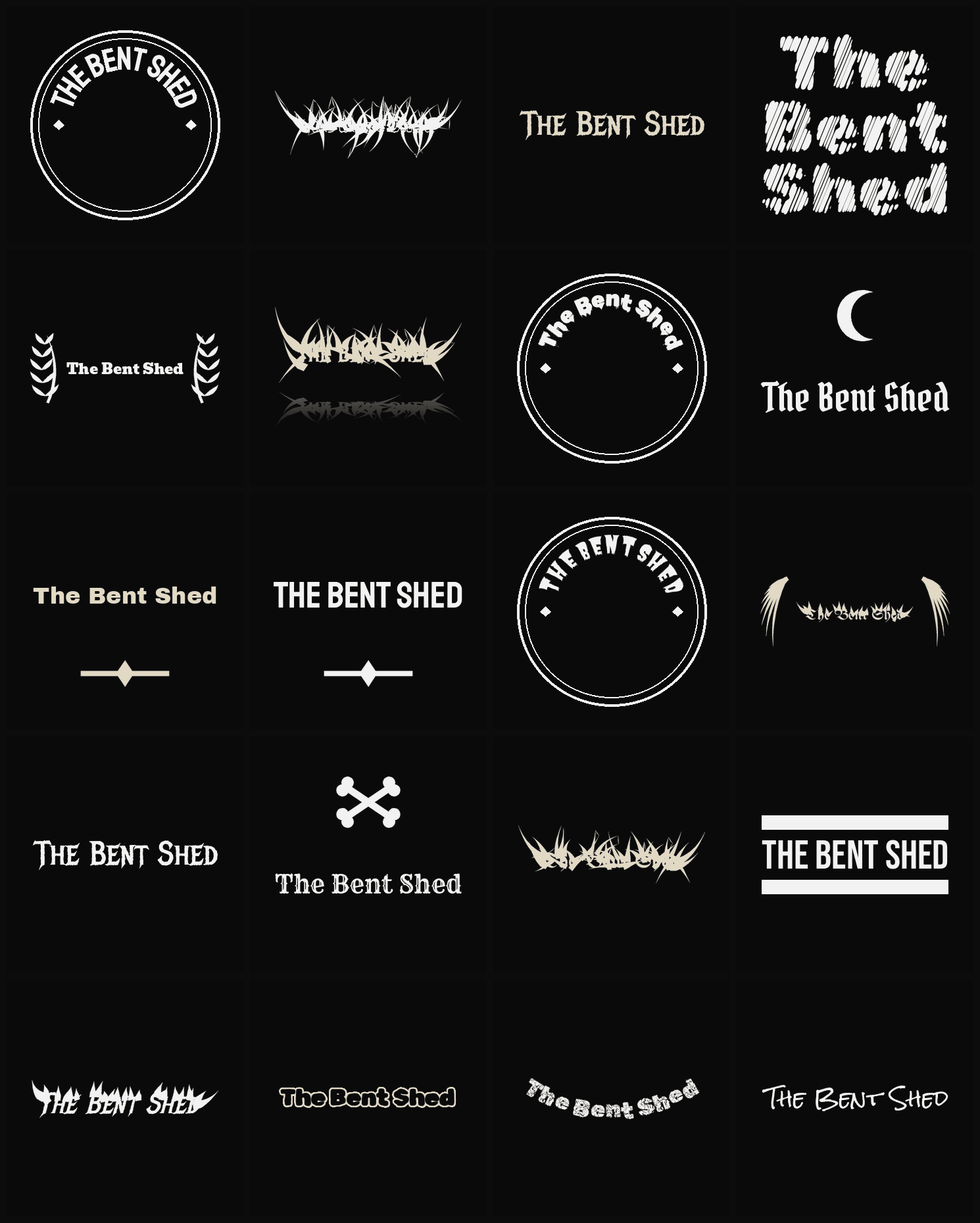 Twenty The Bent Shed band logo ideas — different faces, treatments and spike settings