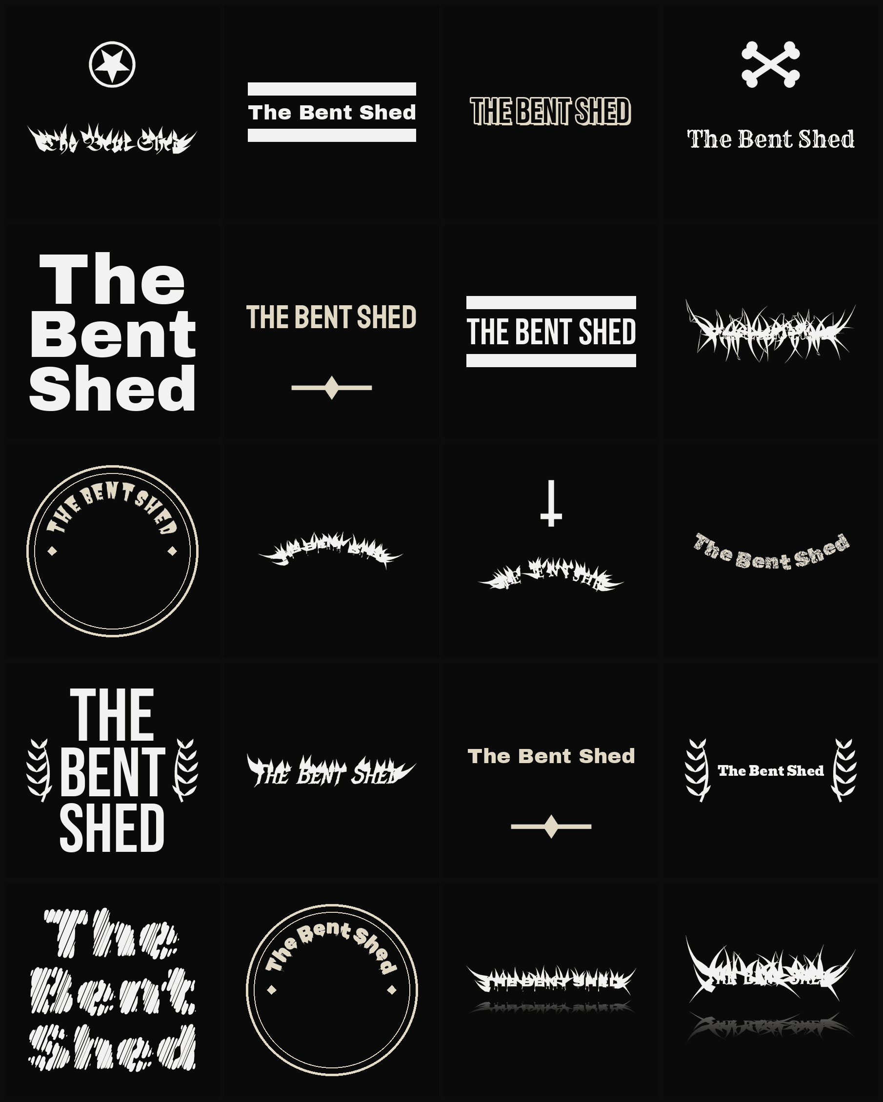 Twenty The Bent Shed band logo ideas — different faces, treatments and spike settings