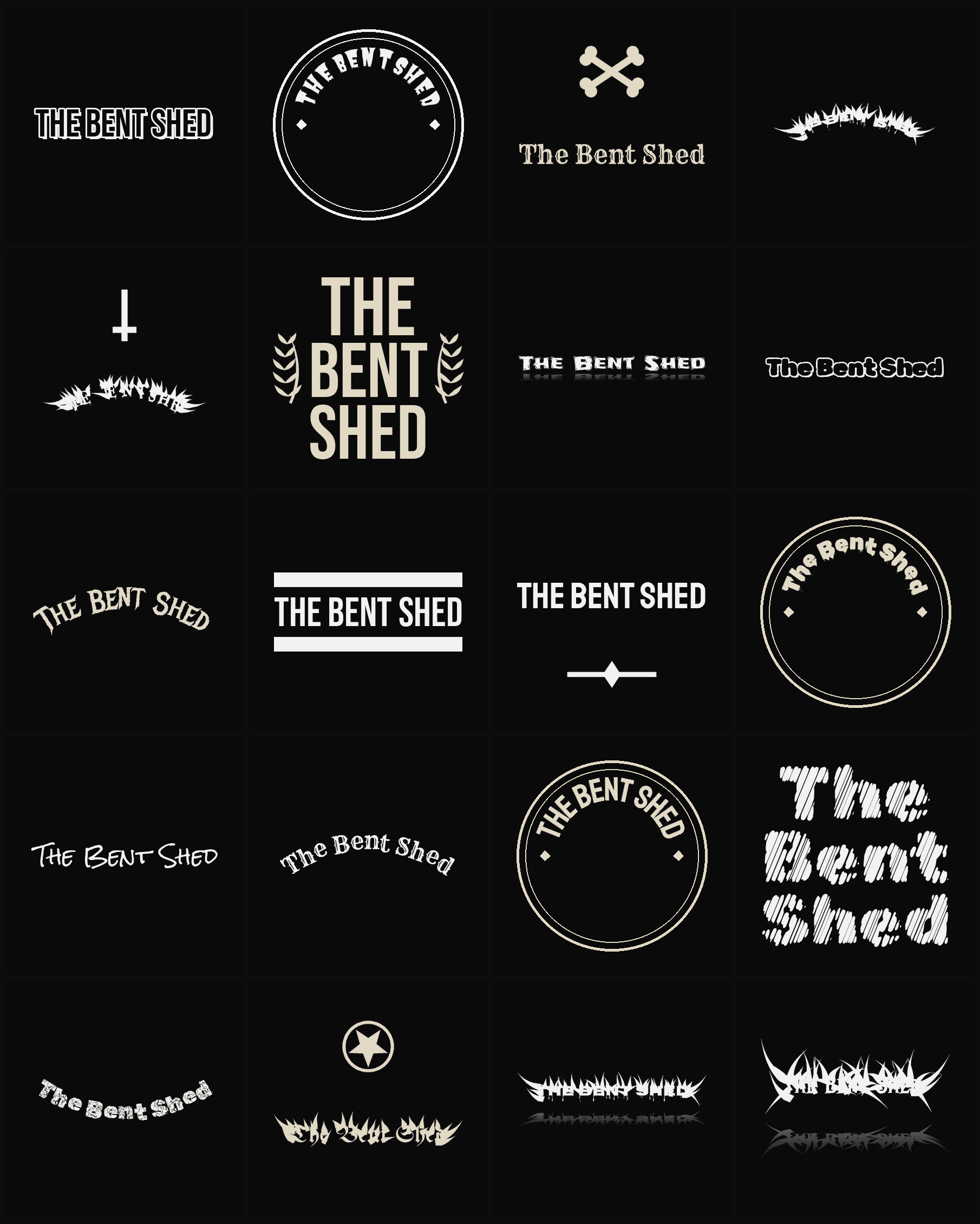 Twenty The Bent Shed band logo ideas — different faces, treatments and spike settings