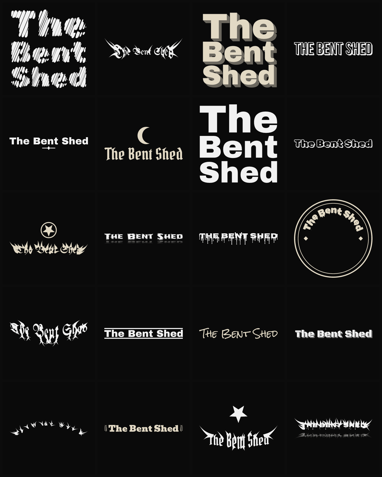 Twenty The Bent Shed band logo ideas — different faces, treatments and spike settings