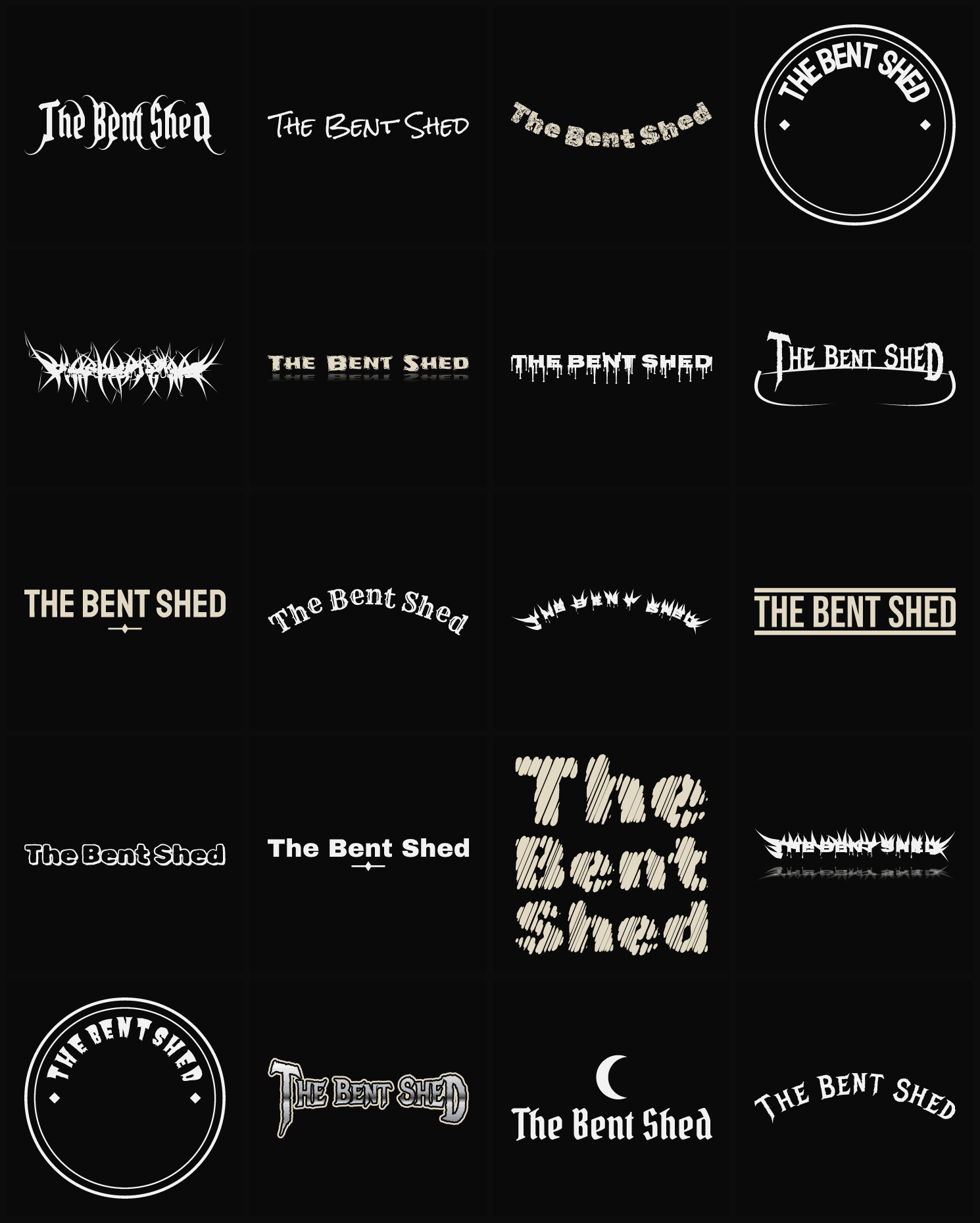 Twenty The Bent Shed band logo ideas — different faces, treatments and spike settings