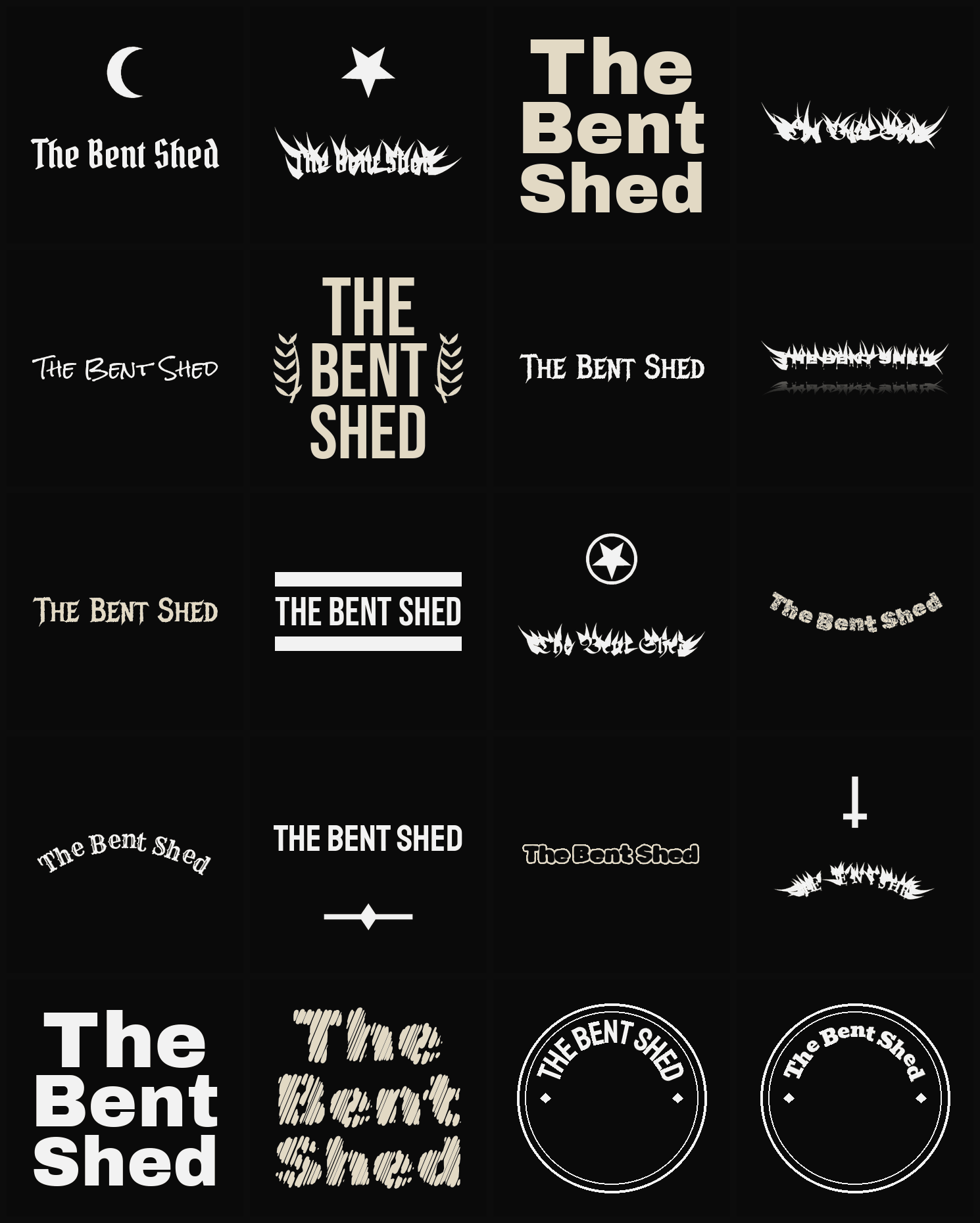 Twenty The Bent Shed band logo ideas — different faces, treatments and spike settings