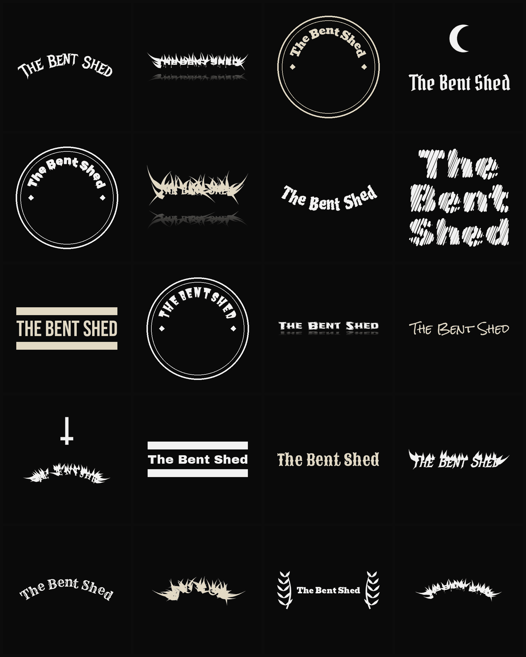 Twenty The Bent Shed band logo ideas — different faces, treatments and spike settings