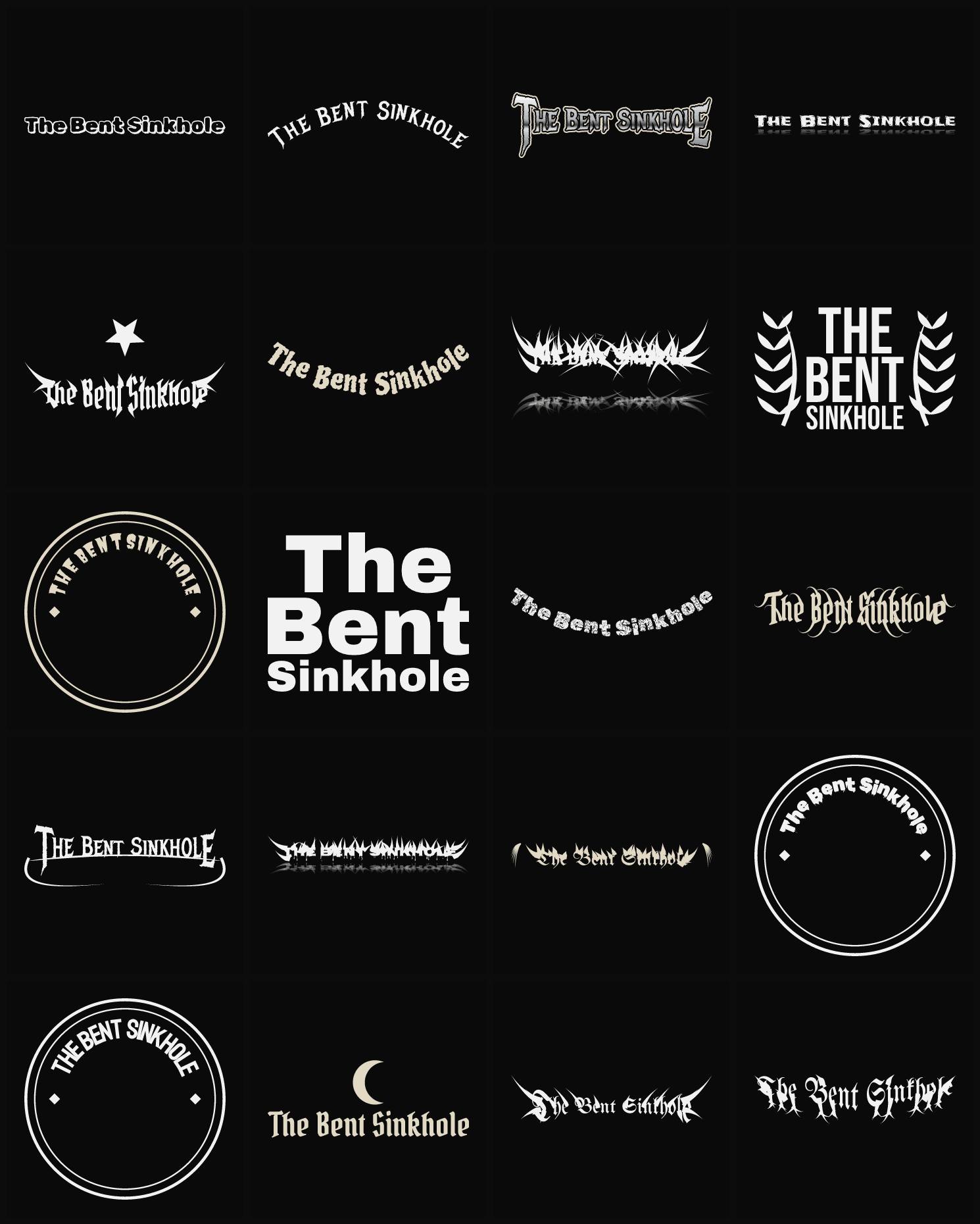 Twenty The Bent Sinkhole band logo ideas — different faces, treatments and spike settings