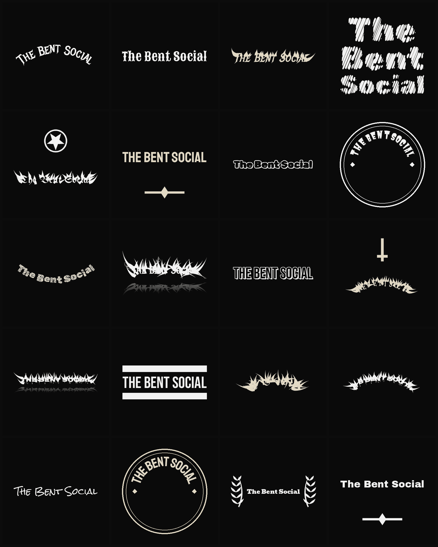 Twenty The Bent Social band logo ideas — different faces, treatments and spike settings