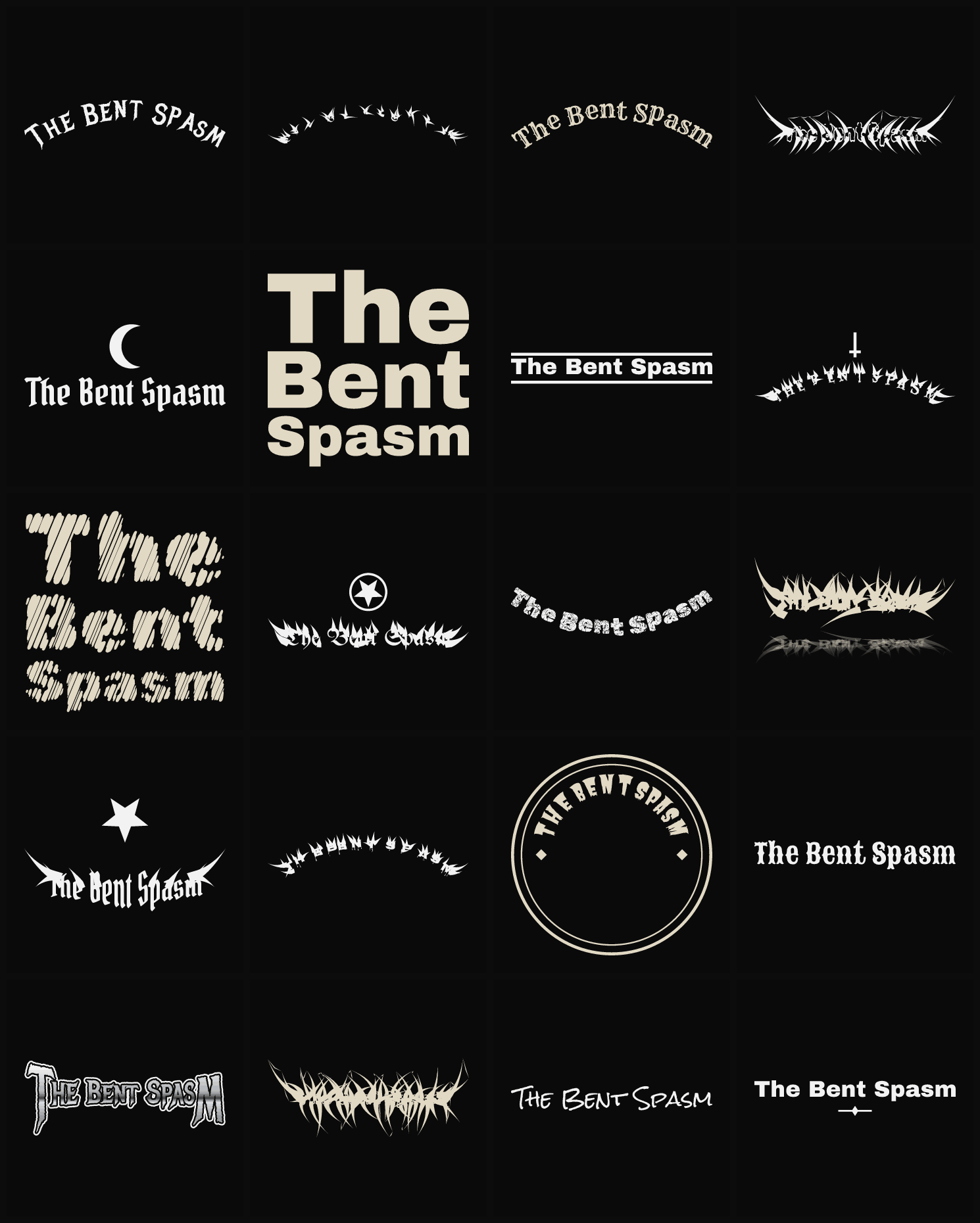 Twenty The Bent Spasm band logo ideas — different faces, treatments and spike settings