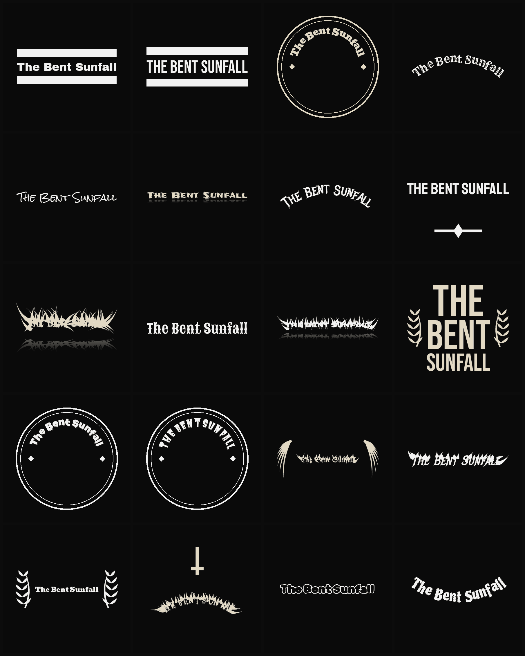 Twenty The Bent Sunfall band logo ideas — different faces, treatments and spike settings