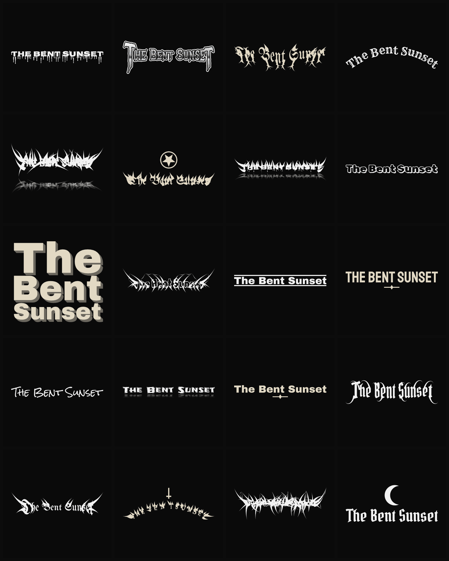 Twenty The Bent Sunset band logo ideas — different faces, treatments and spike settings