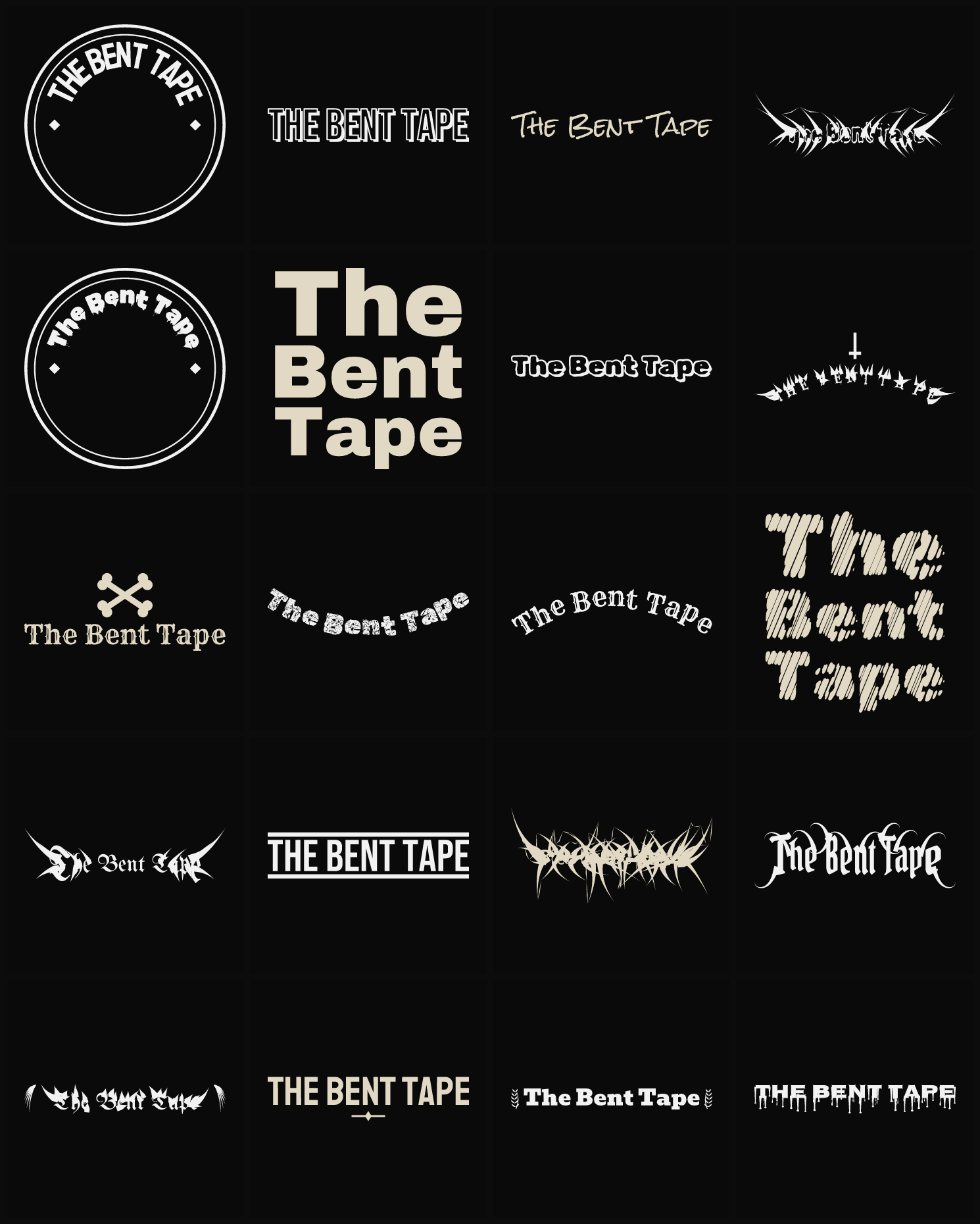 Twenty The Bent Tape band logo ideas — different faces, treatments and spike settings