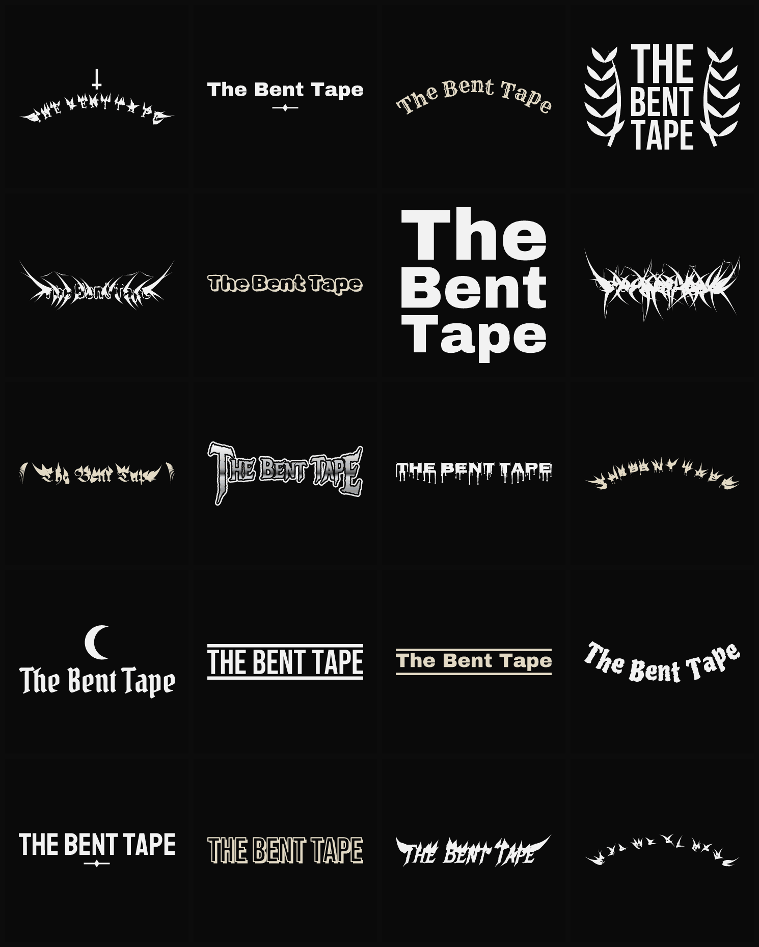 Twenty The Bent Tape band logo ideas — different faces, treatments and spike settings
