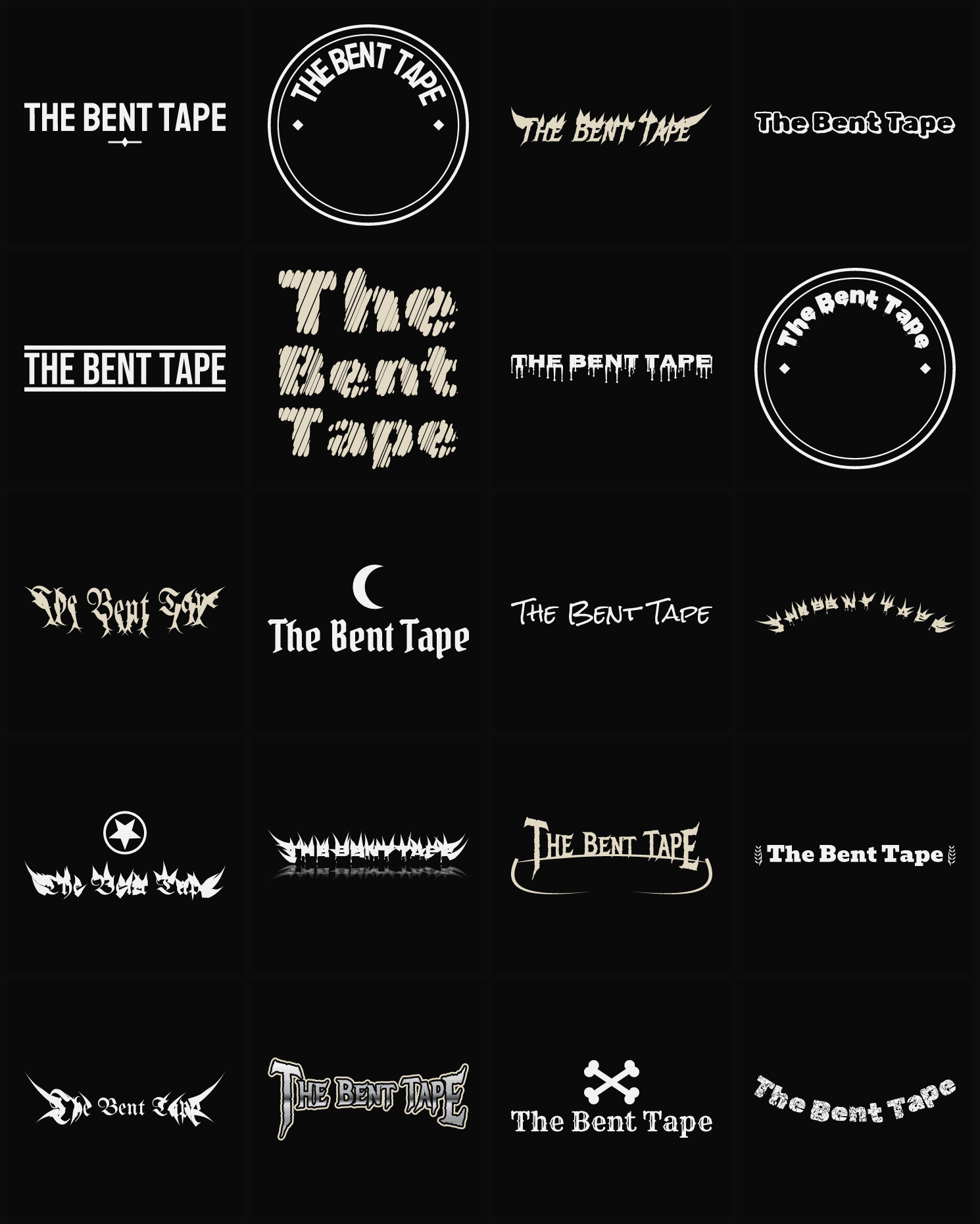 Twenty The Bent Tape band logo ideas — different faces, treatments and spike settings