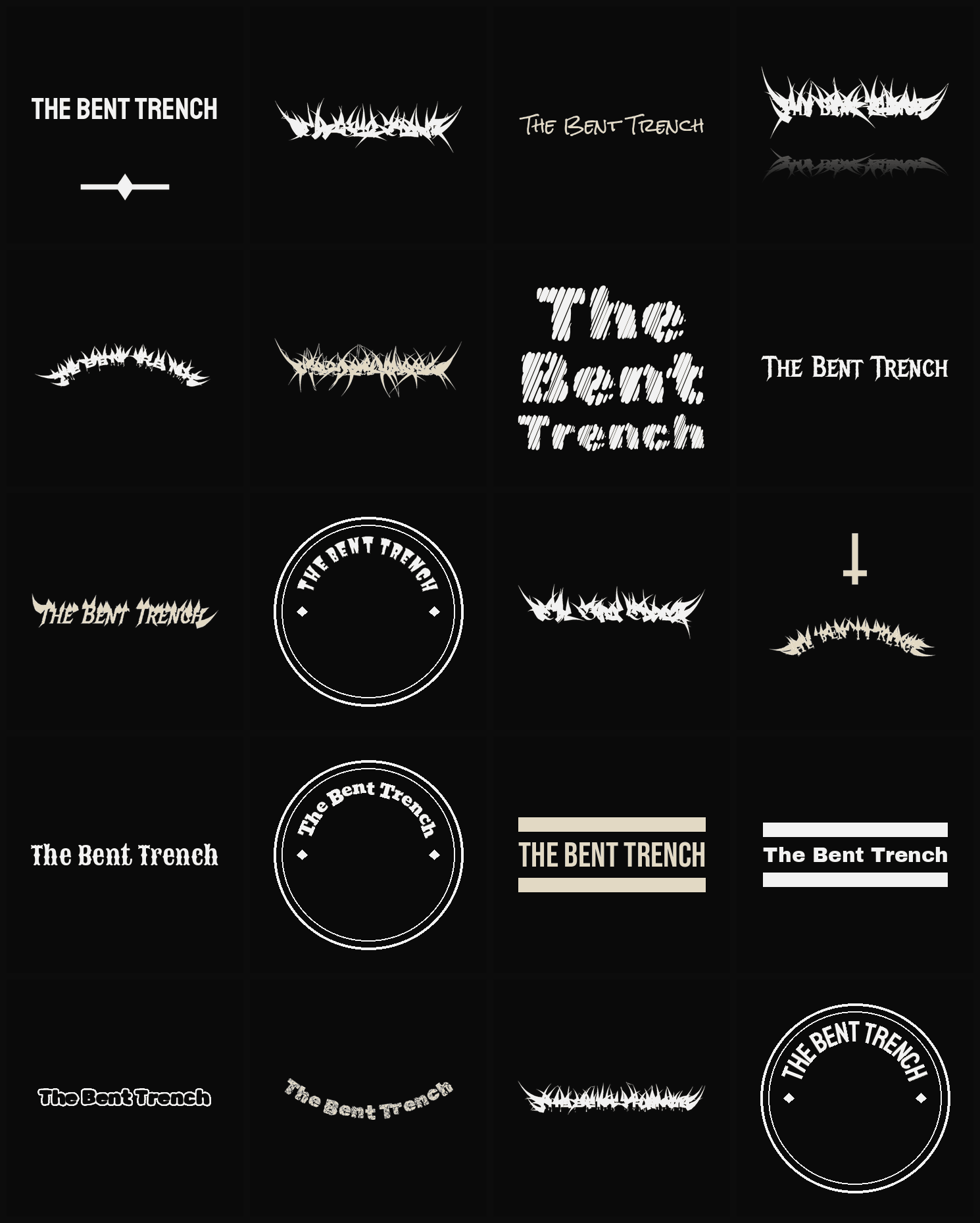 Twenty The Bent Trench band logo ideas — different faces, treatments and spike settings