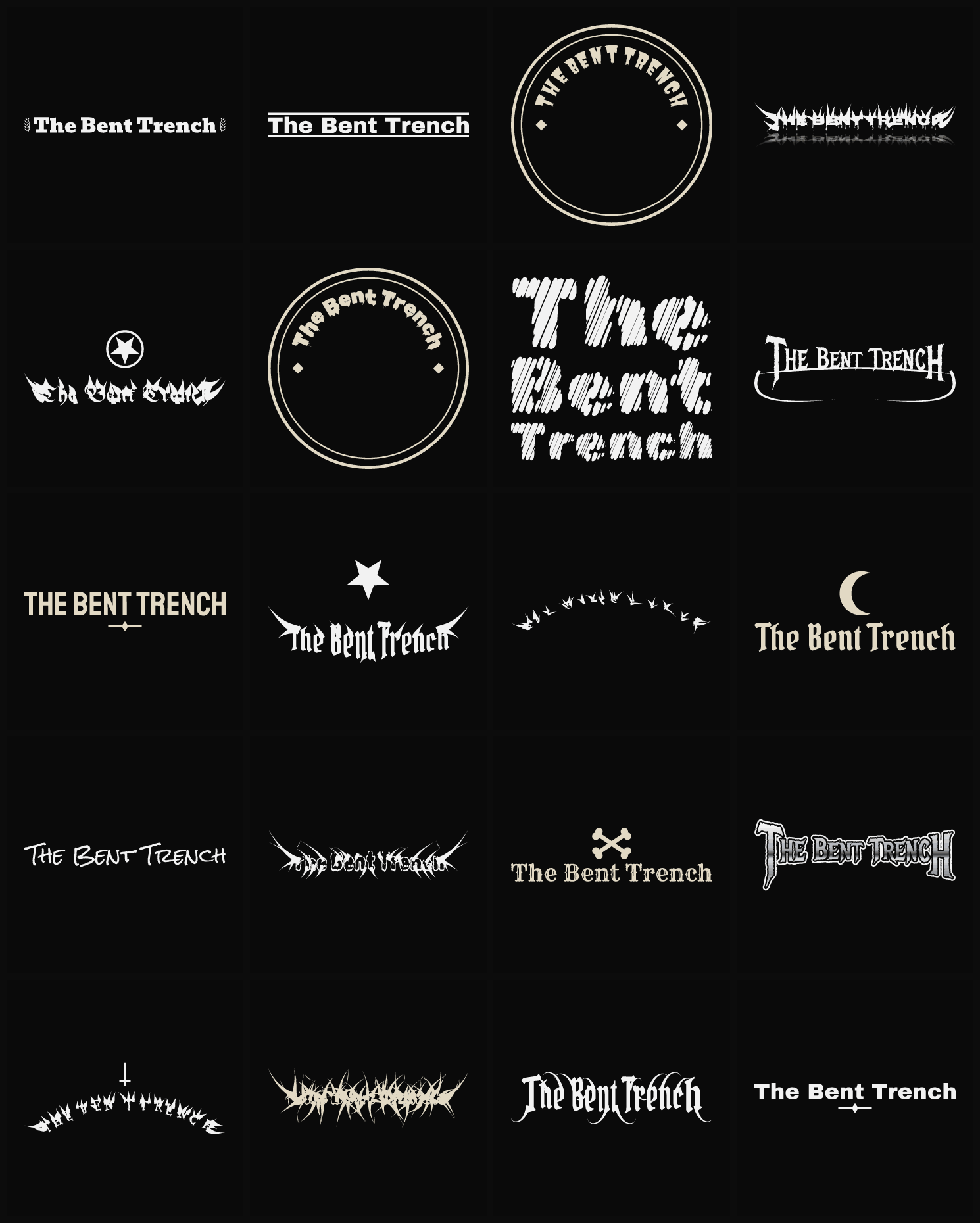 Twenty The Bent Trench band logo ideas — different faces, treatments and spike settings