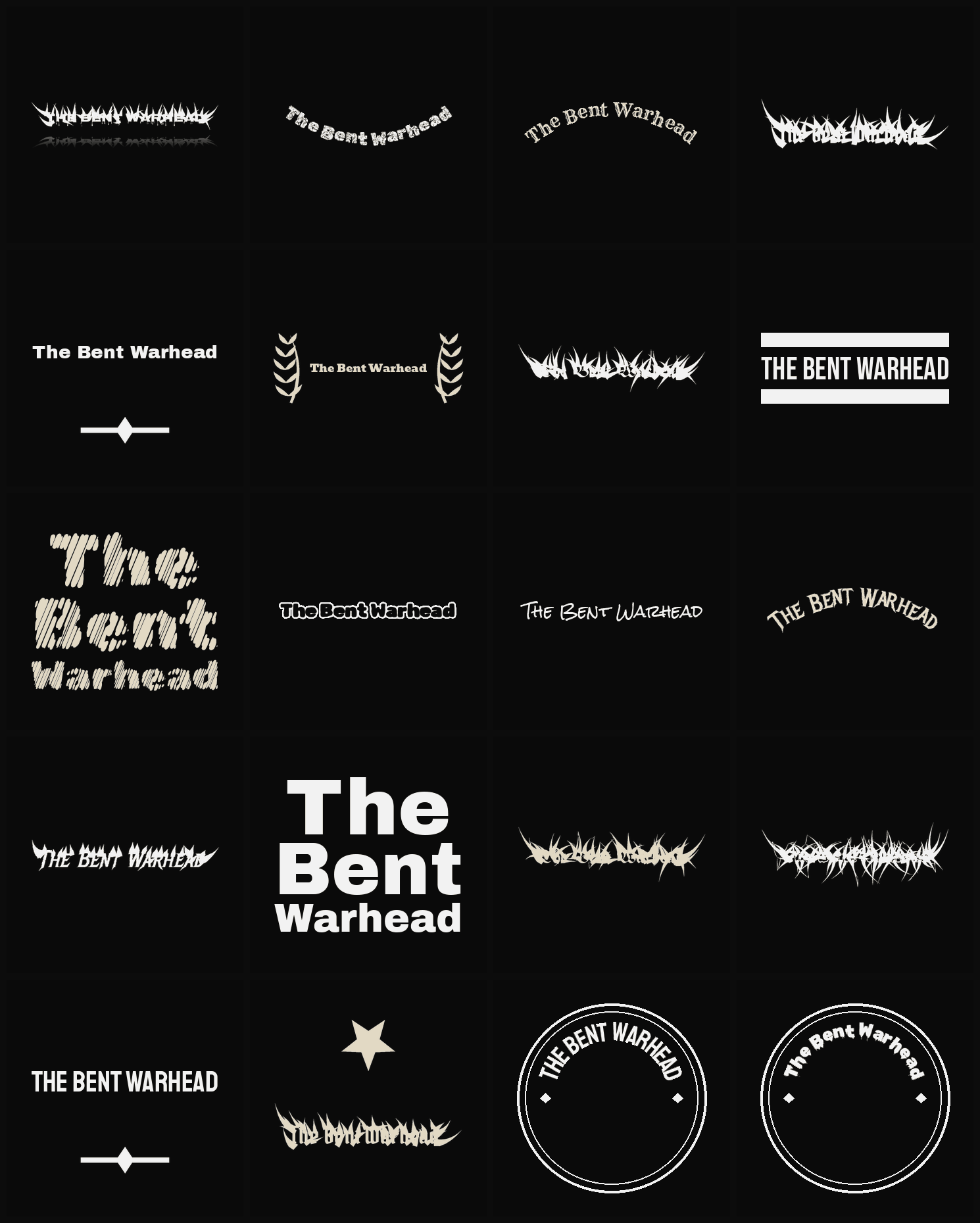 Twenty The Bent Warhead band logo ideas — different faces, treatments and spike settings
