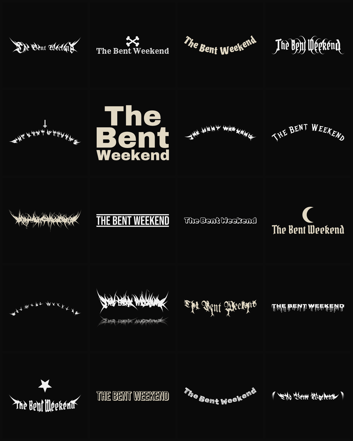 Twenty The Bent Weekend band logo ideas — different faces, treatments and spike settings