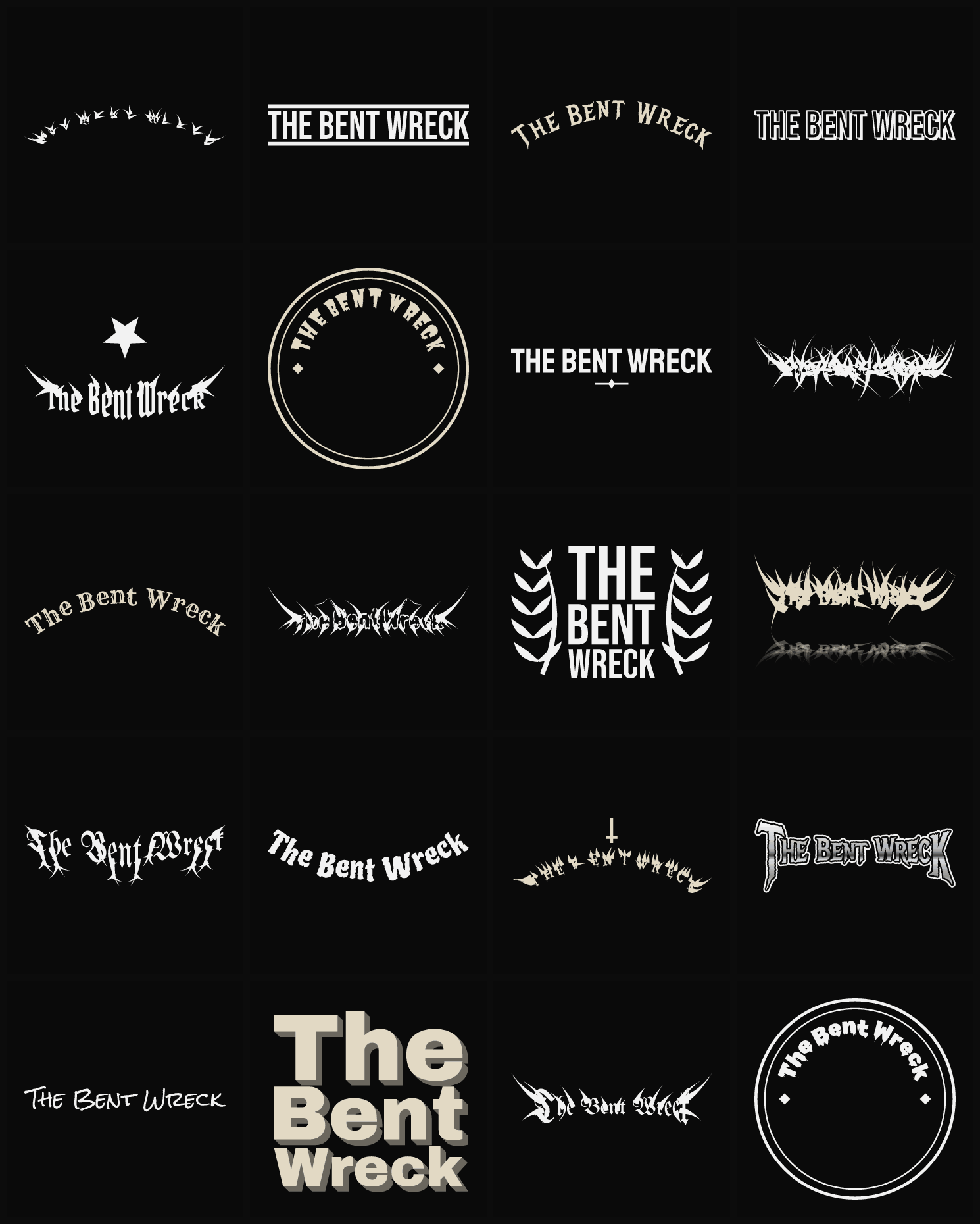 Twenty The Bent Wreck band logo ideas — different faces, treatments and spike settings
