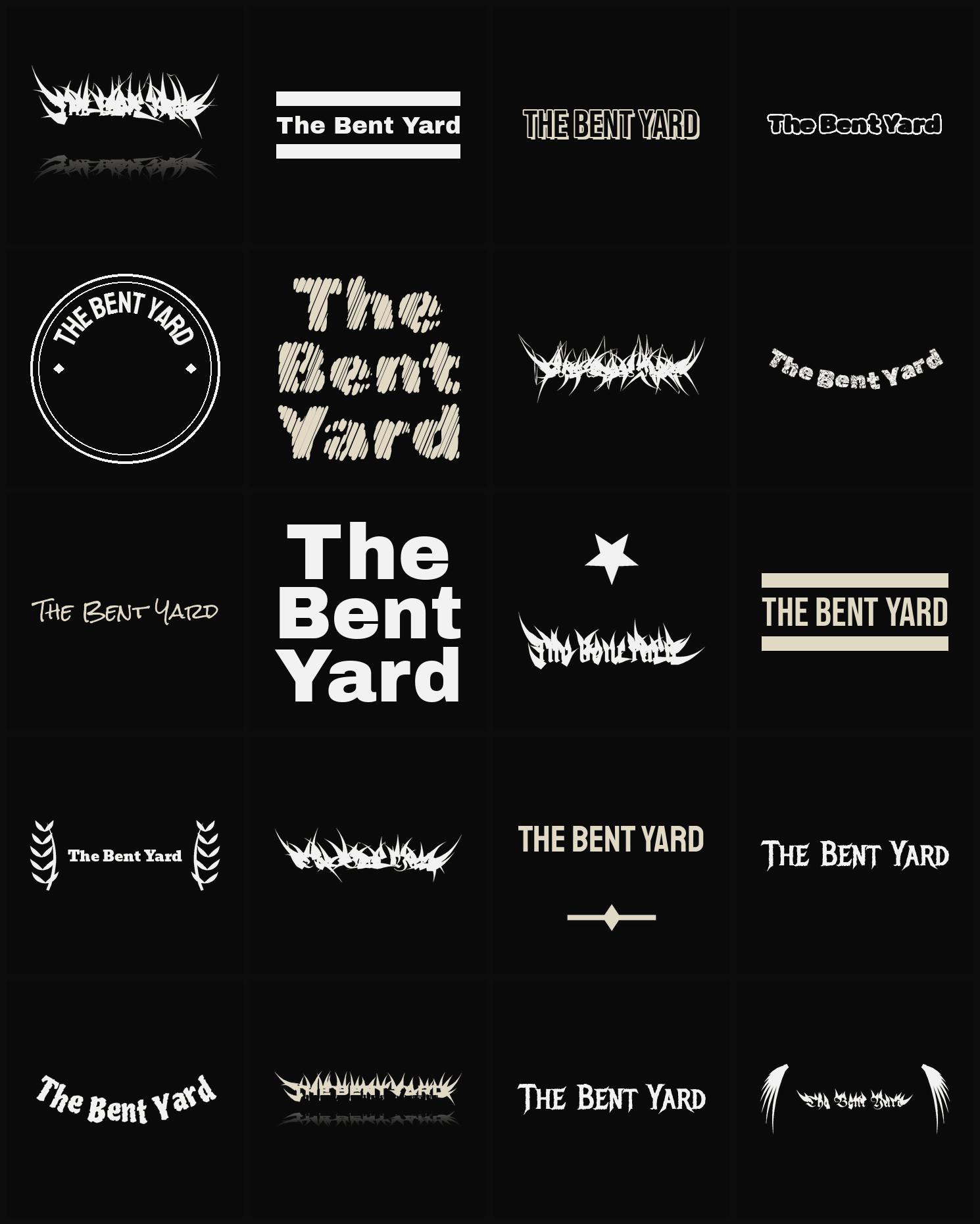 Twenty The Bent Yard band logo ideas — different faces, treatments and spike settings