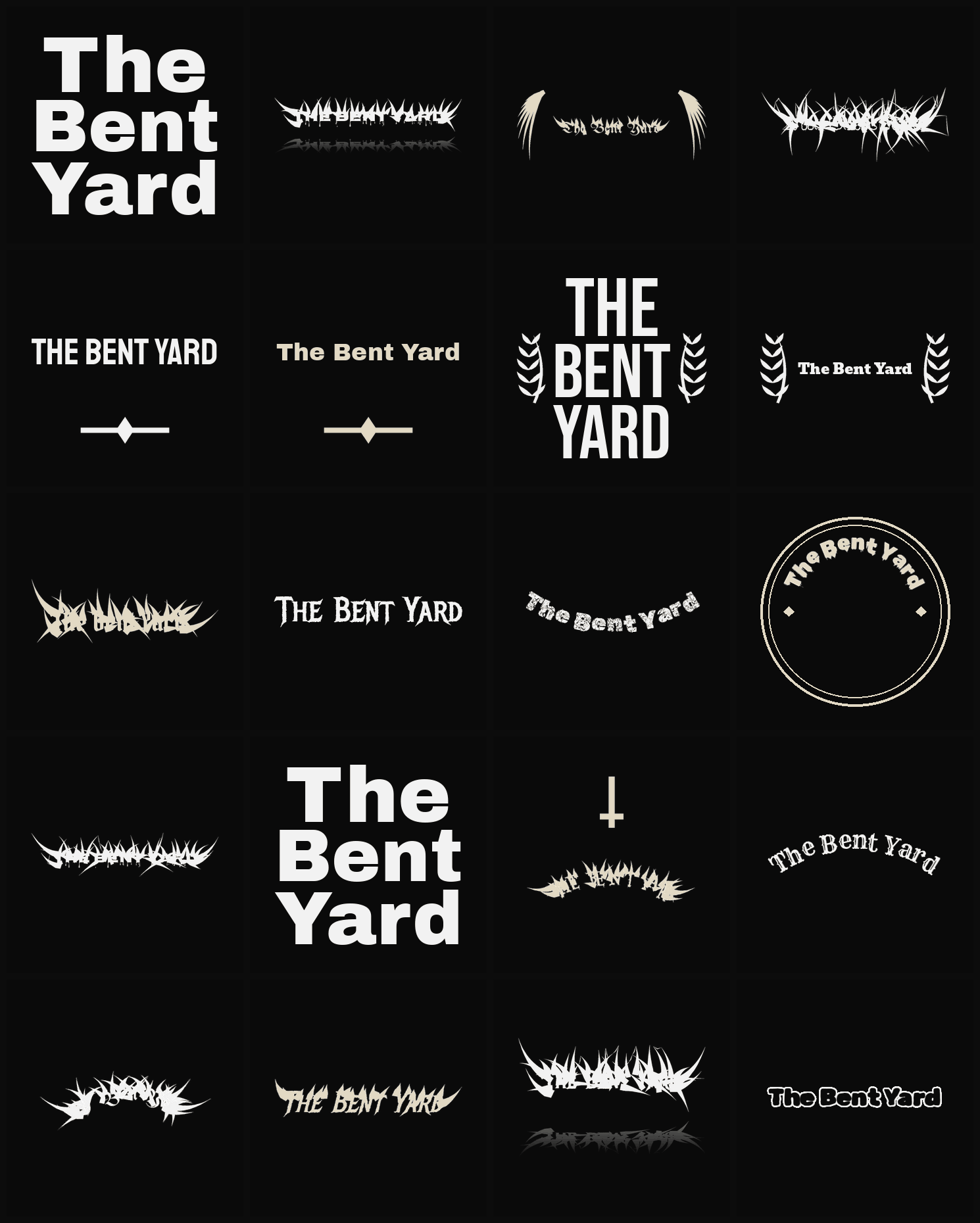 Twenty The Bent Yard band logo ideas — different faces, treatments and spike settings