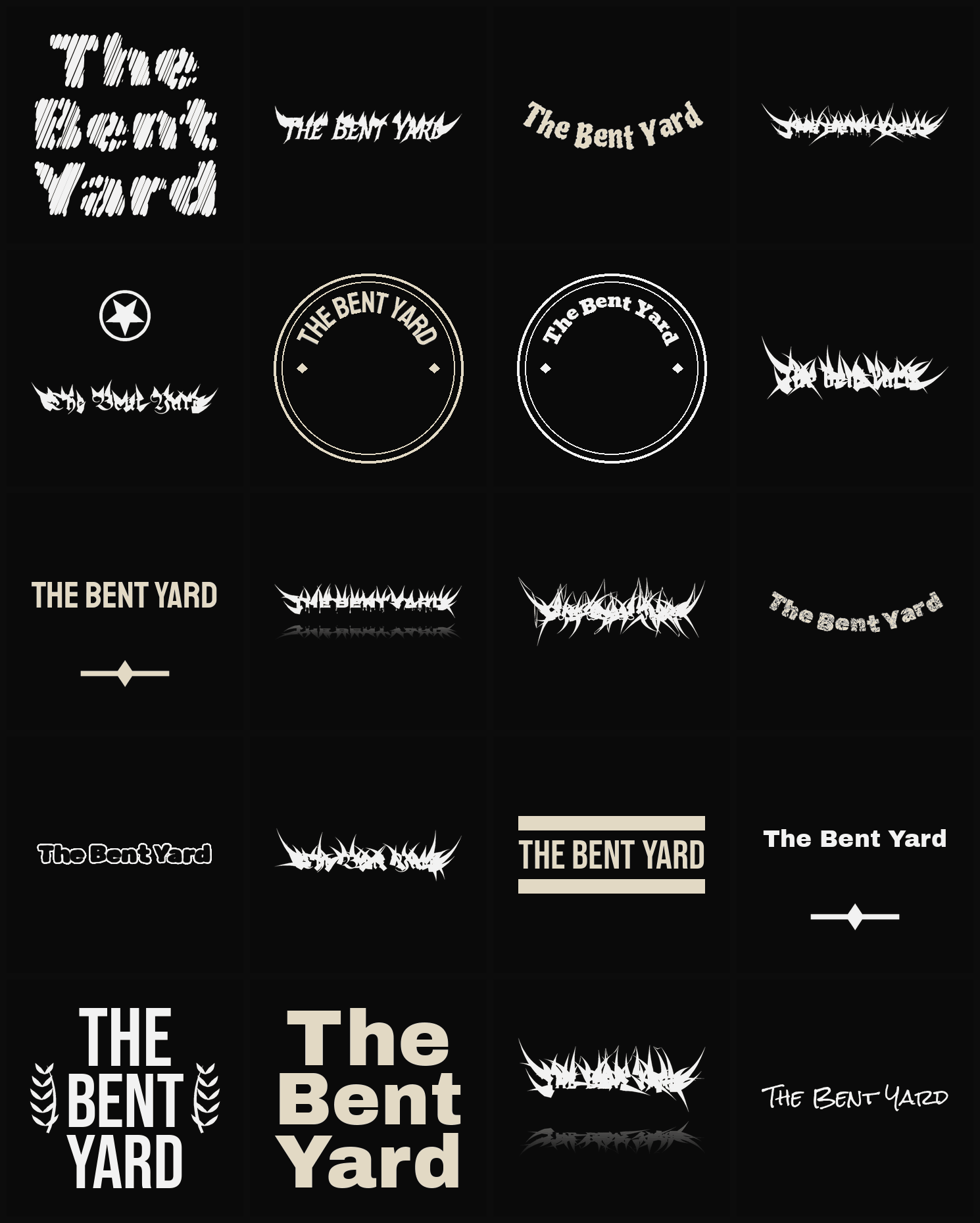 Twenty The Bent Yard band logo ideas — different faces, treatments and spike settings