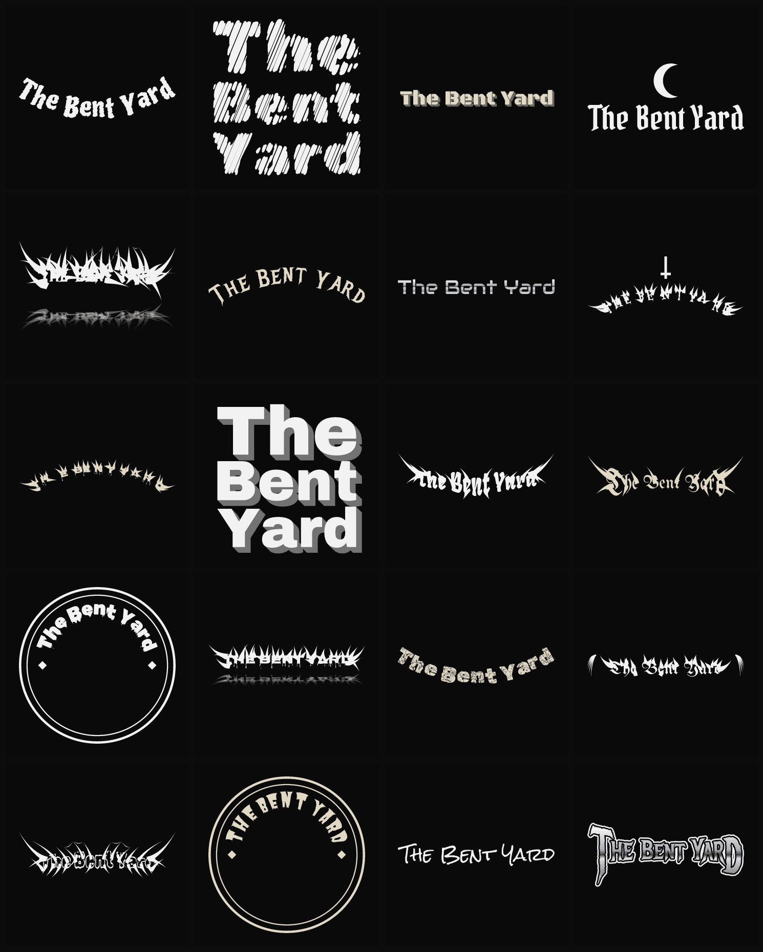 Twenty The Bent Yard band logo ideas — different faces, treatments and spike settings