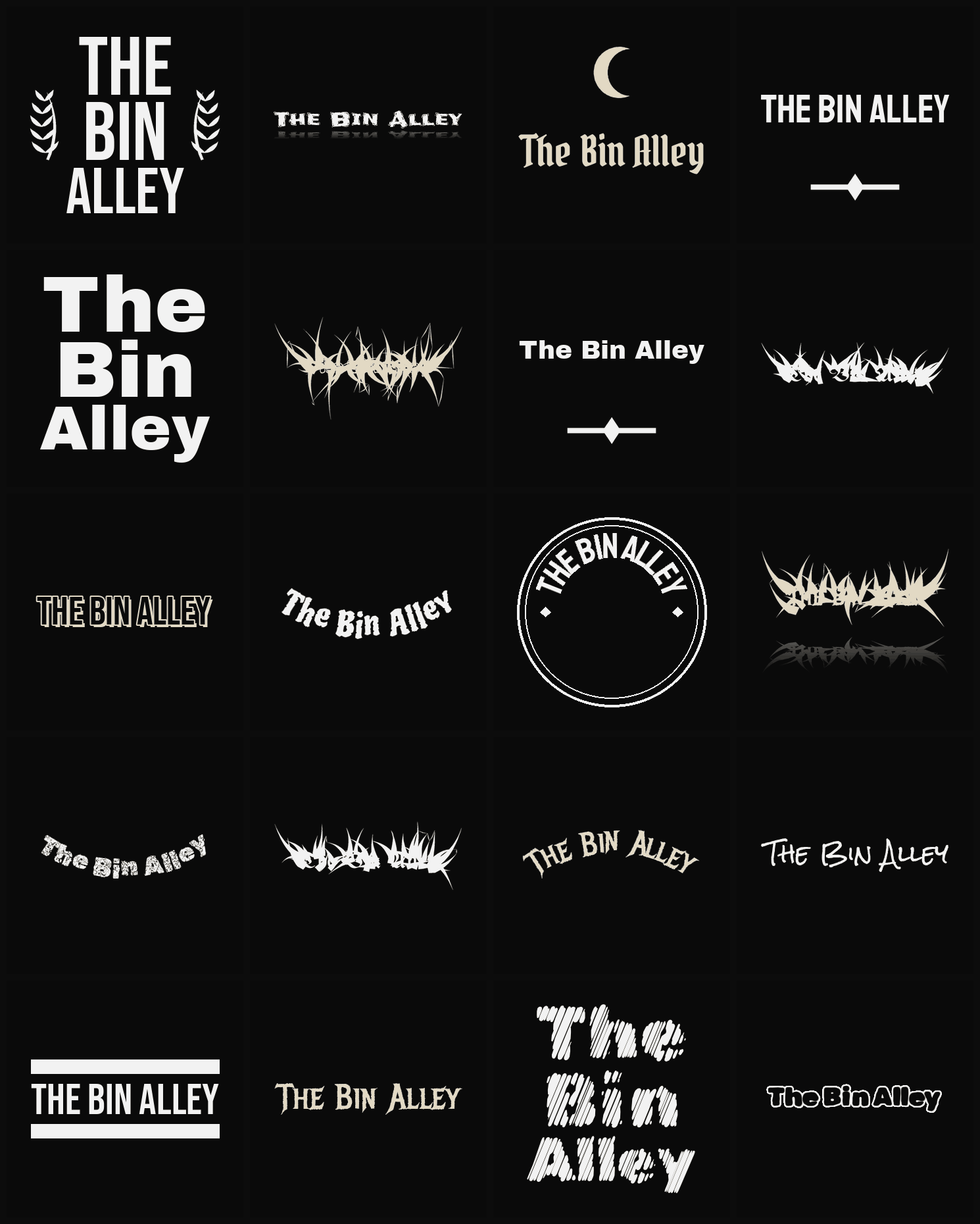 Twenty The Bin Alley band logo ideas — different faces, treatments and spike settings